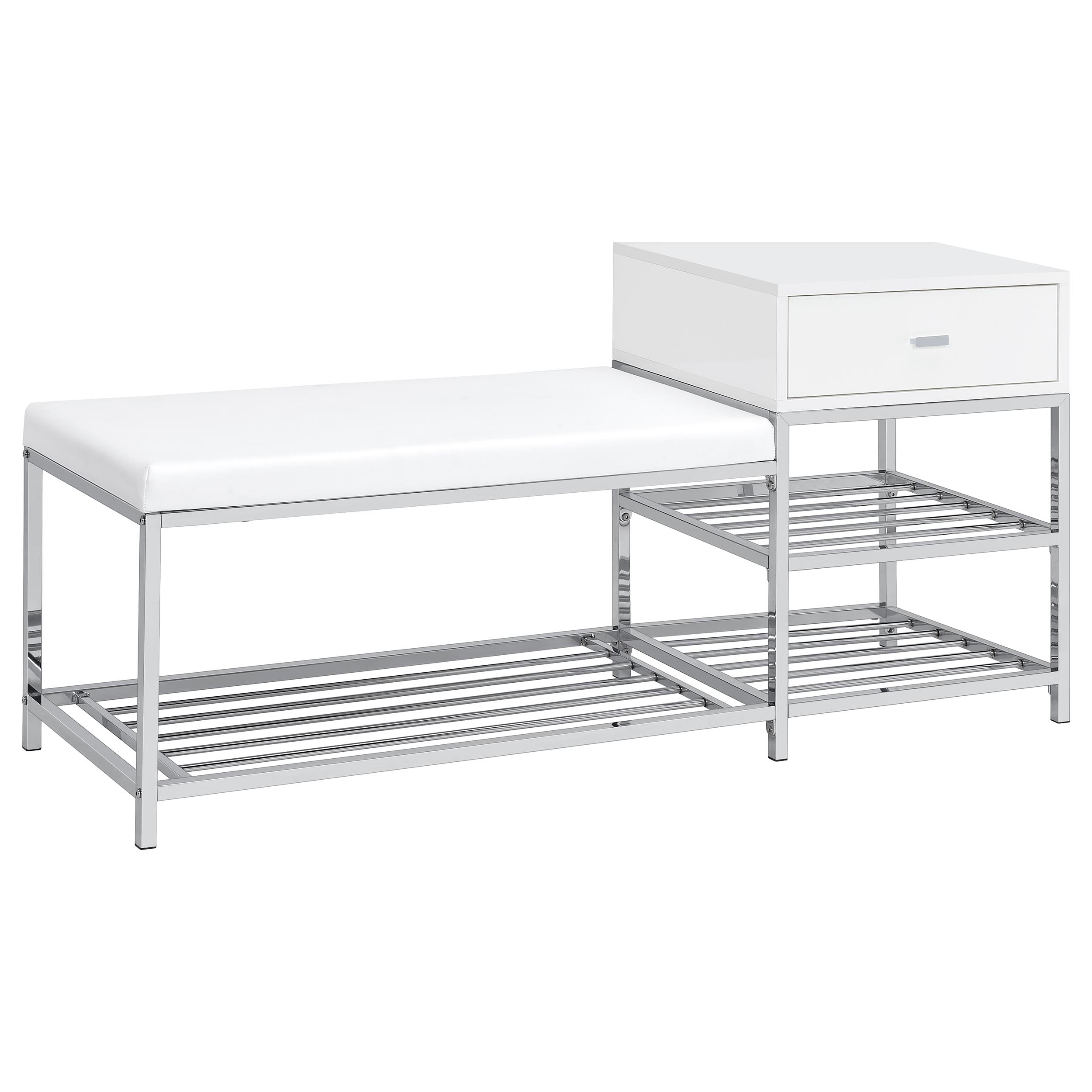 Siega 1-Drawer Shoe Storage Entryway Bench White High Gloss and Chrome-