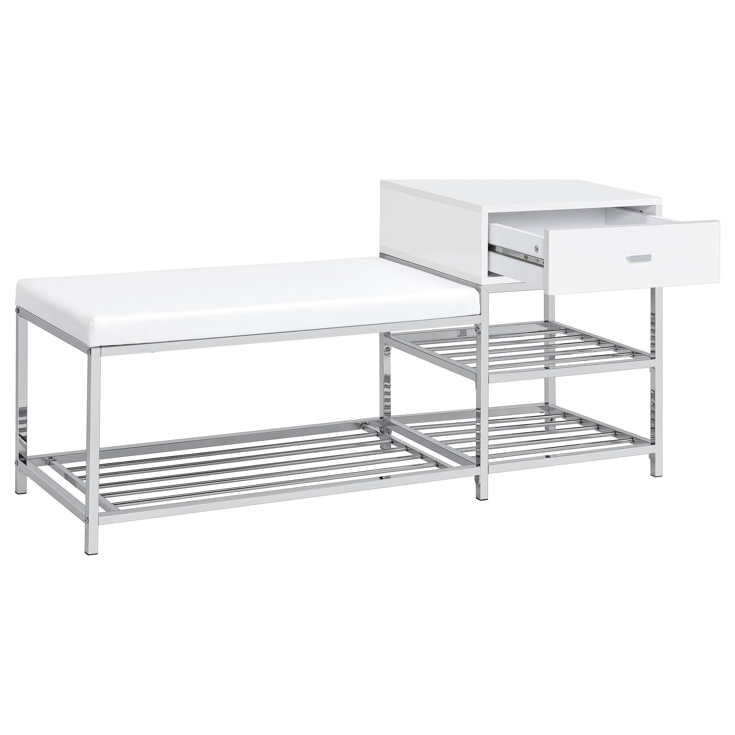 Siega 1-Drawer Shoe Storage Entryway Bench White High Gloss and Chrome-