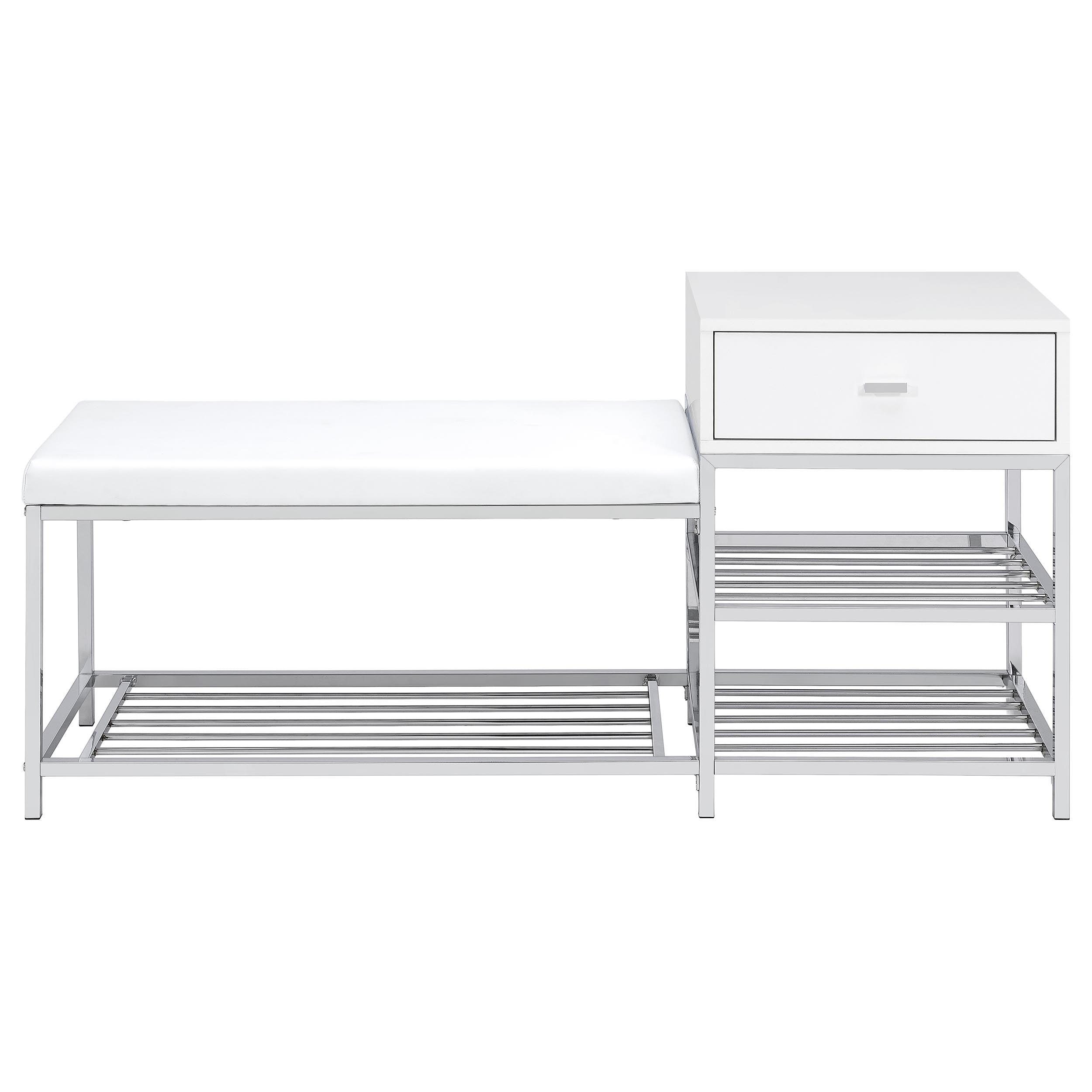 Siega 1-Drawer Shoe Storage Entryway Bench White High Gloss and Chrome-