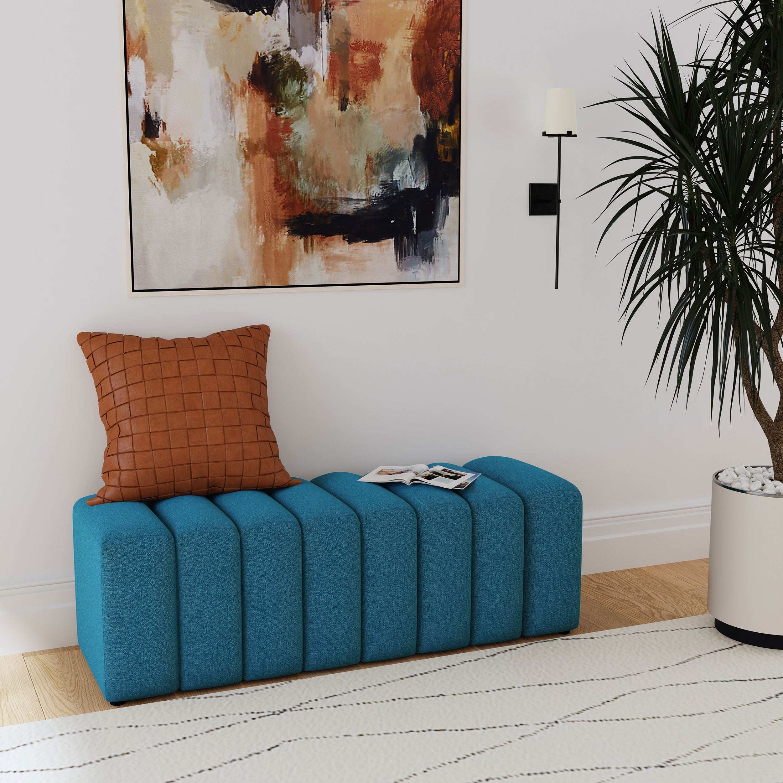 Summer Fabric Upholstered Tufted Accent Bench Peacock Blue-