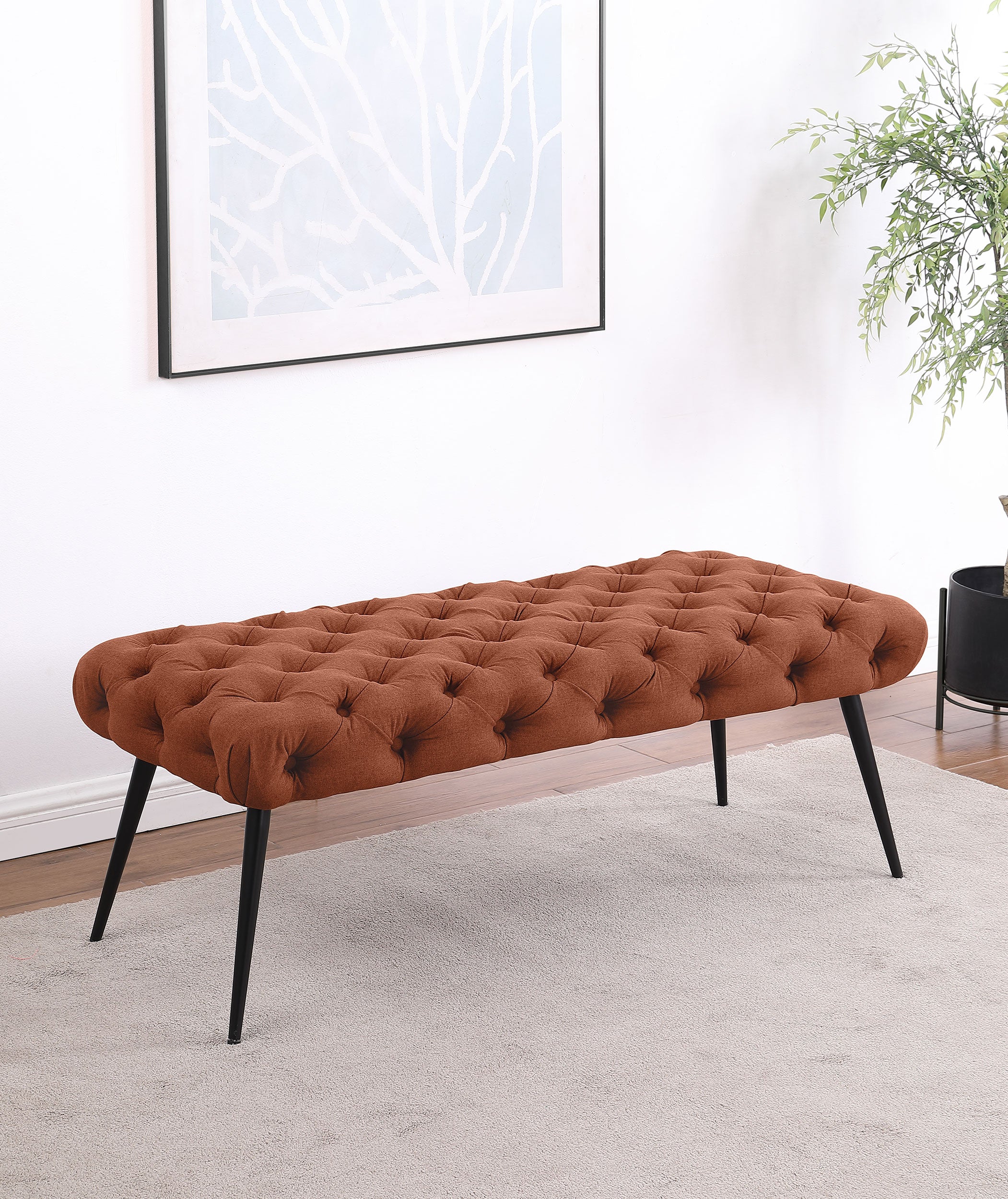Ella Upholstered Tufted Bench Metal Legs Rust-