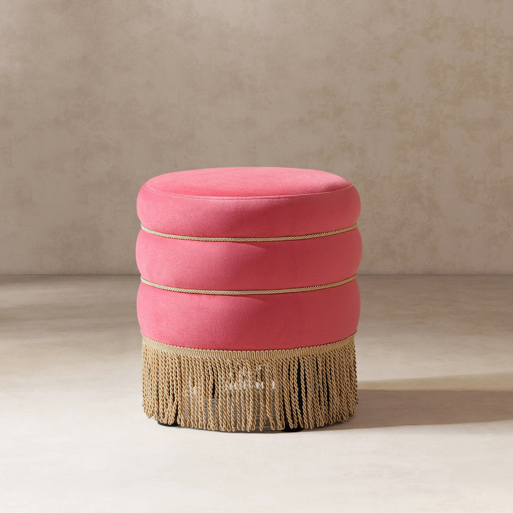 Edward Round Upholstered Ottoman, 17.5-Inch, Rose Pink Velvet with Bullion Fringe