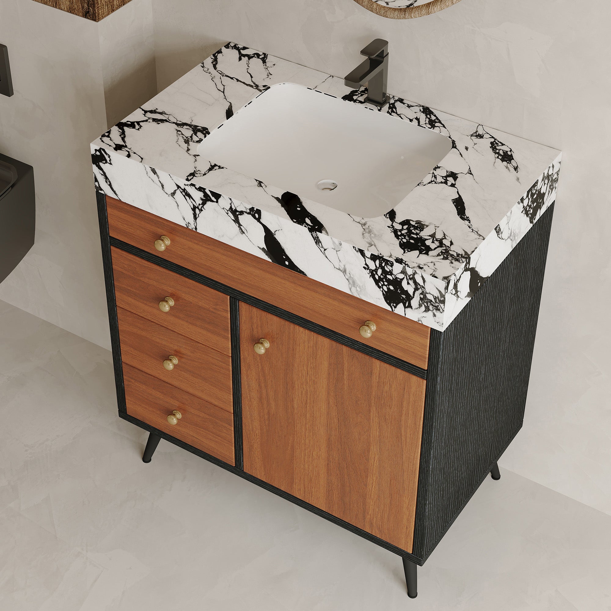 Modern Free-Standing Bathroom Vanity with Ceramic Sink & Sintered Stone Top