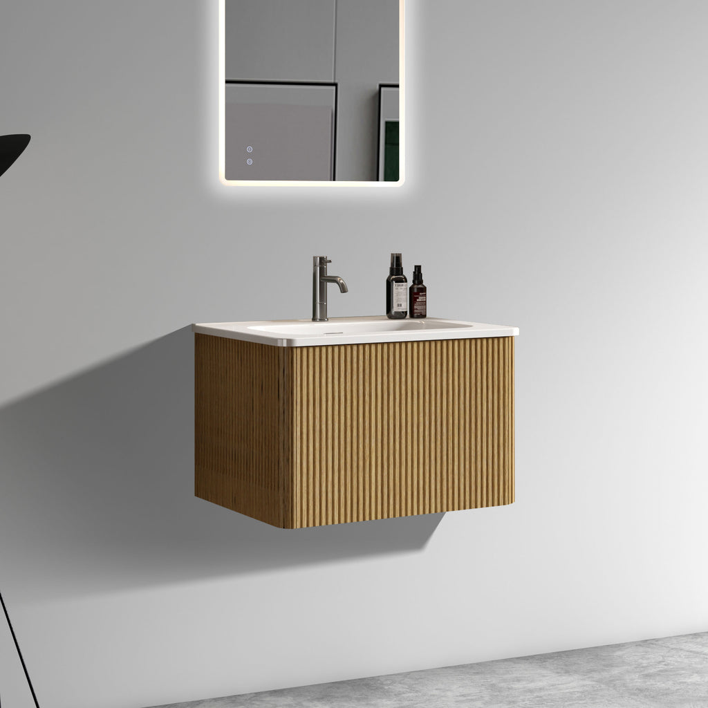 Etna 24-Inch Floating Bathroom Vanity, Oak Striped with White Ceramic Sink