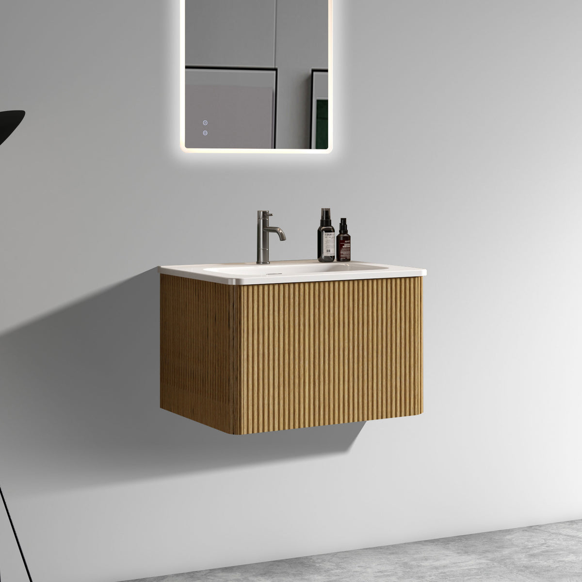 Etna 24-Inch Floating Bathroom Vanity, Oak Striped with White Ceramic Sink