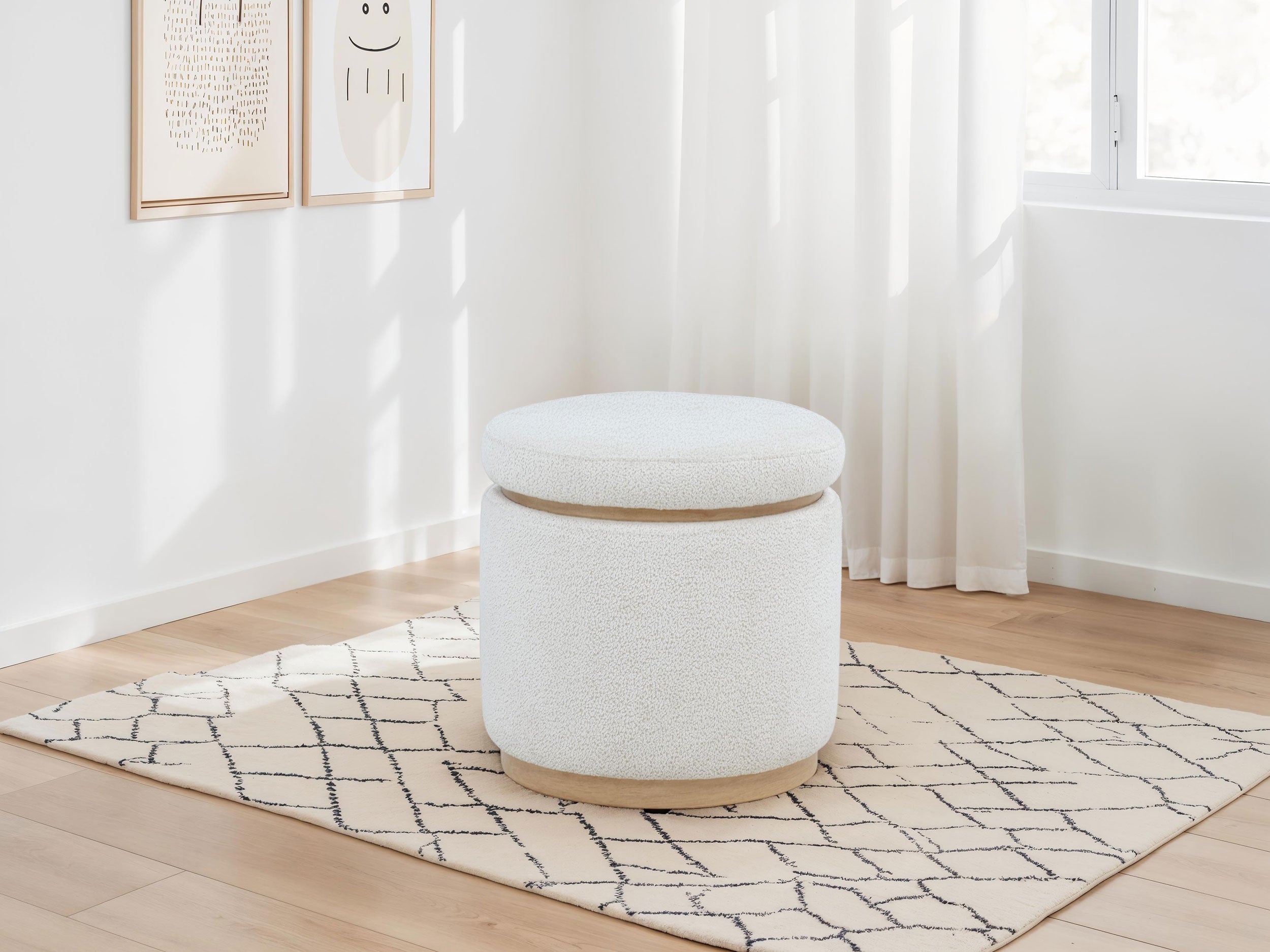 Remuda Boucle Upholstered Round Storage Ottoman Ivory-