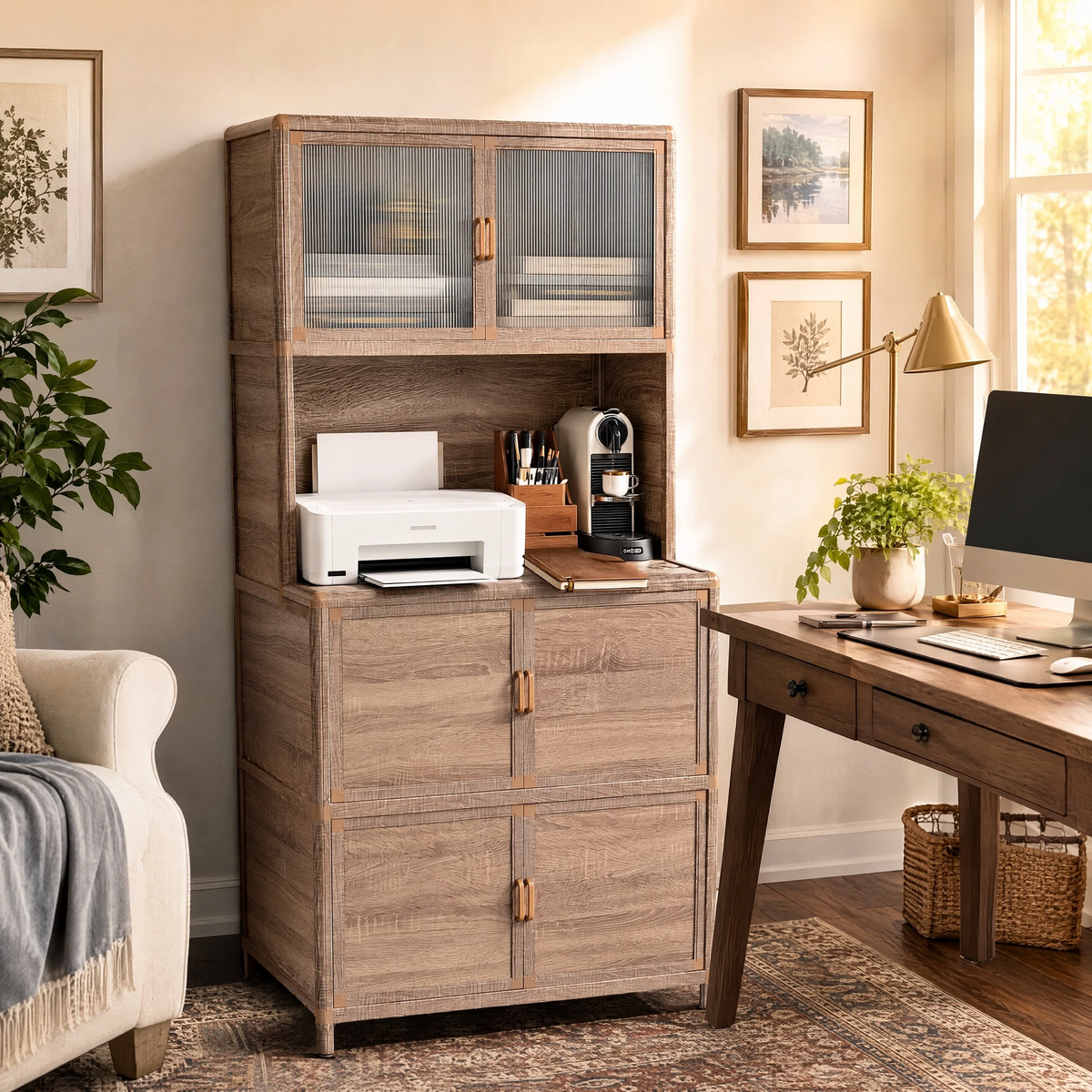 Tall Storage Cabinet, 31.50" W x 19.69" D x 65.75" H, Freestanding Indoor & Outdoor Storage Cabinet with Ribbed Acrylic Doors, 6-Door Utility Cabinet for Kitchen, Entryway, Patio & Garage