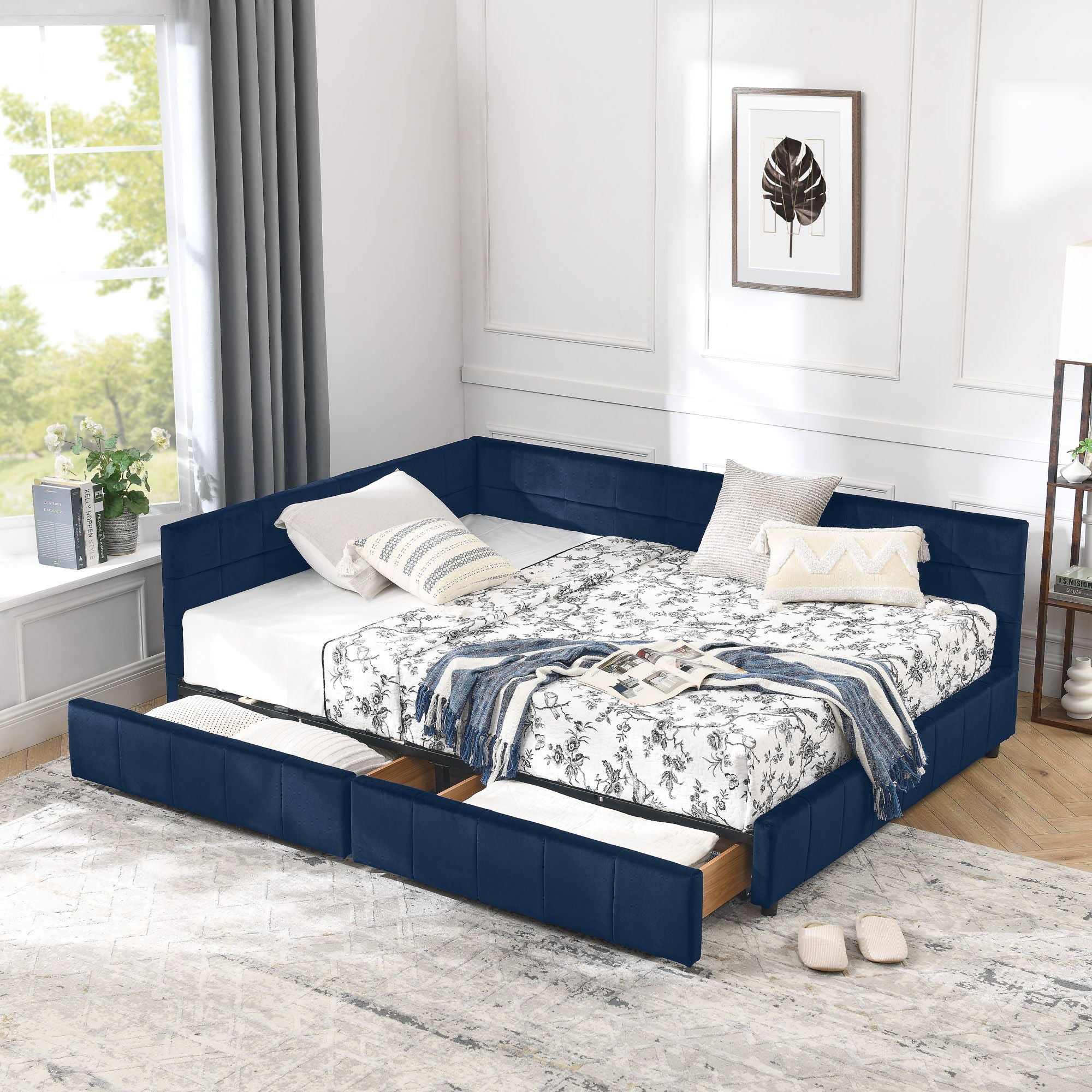 Mid-Century Storage Upholstered Tufted Bed Frame with Backrest and Armrests