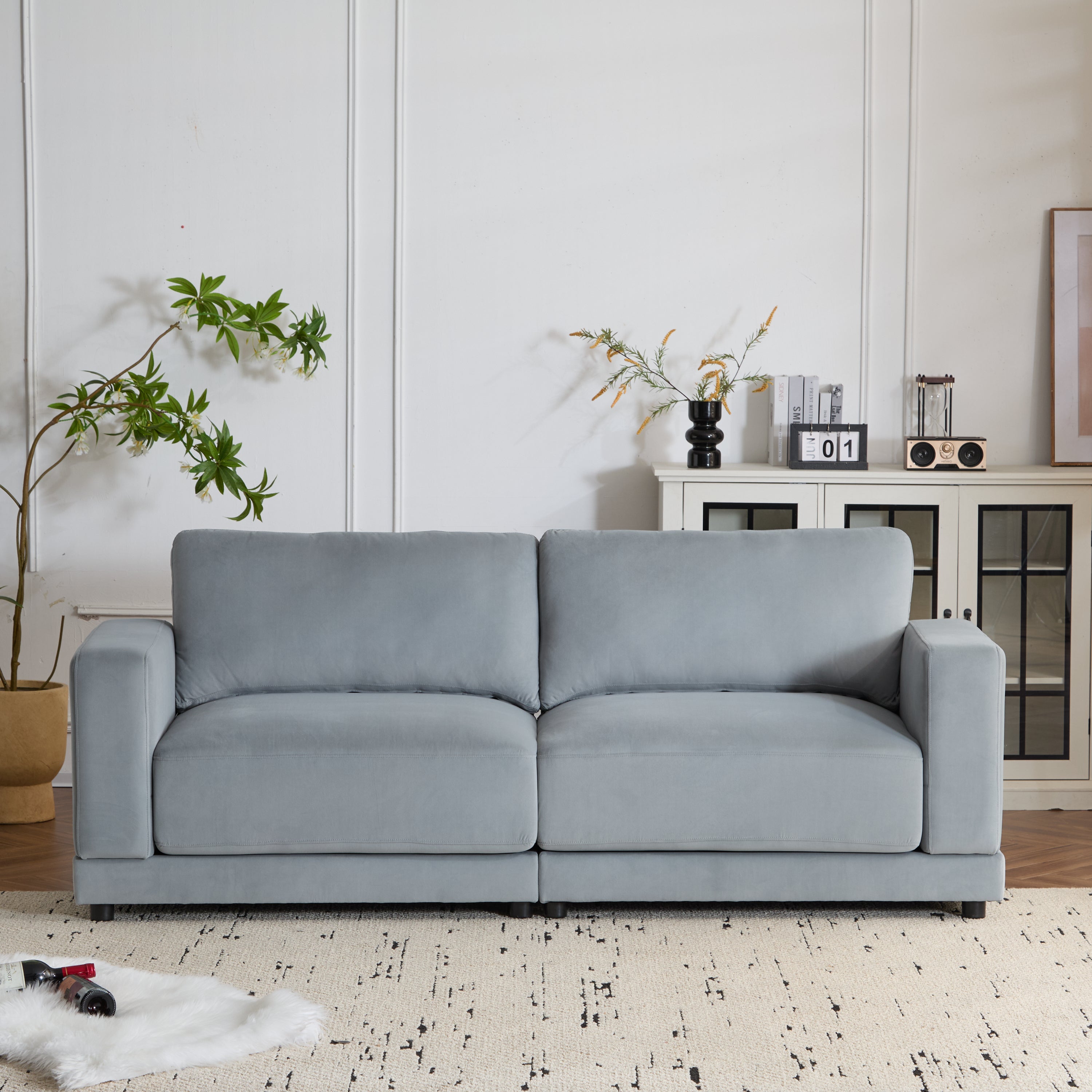 81'' Modern Square Arm Sofa with Soft Velvet Upholstery