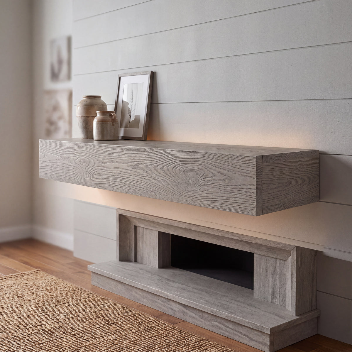 60-Inch Rustic Embossed Wood Fireplace Mantel, Wall-Mounted Floating Shelf, Gray