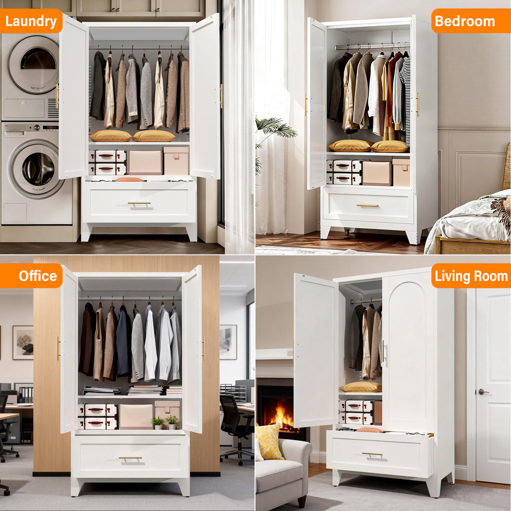 60" Tall Metal Wardrobe Cabinet with Drawer and Hanging Rod