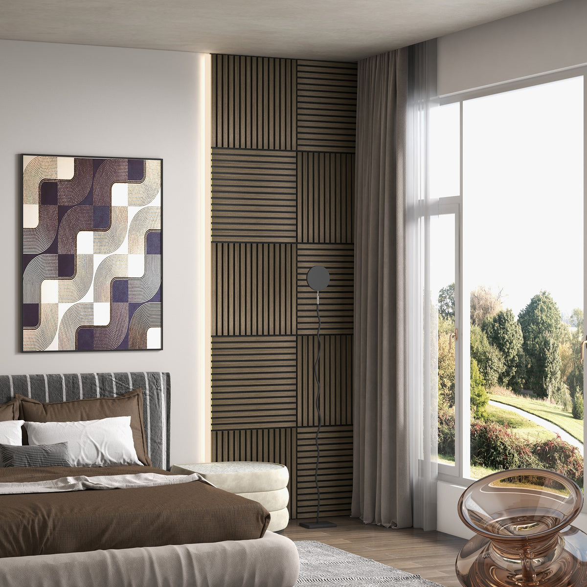 HOMCOM 4 Pack 3D Faux Wood Wall Panels, 24" x 24" Sound Absorbing Acoustic Panels, Wood Slat Wall Panels for Interior Wall Decor, Ceiling