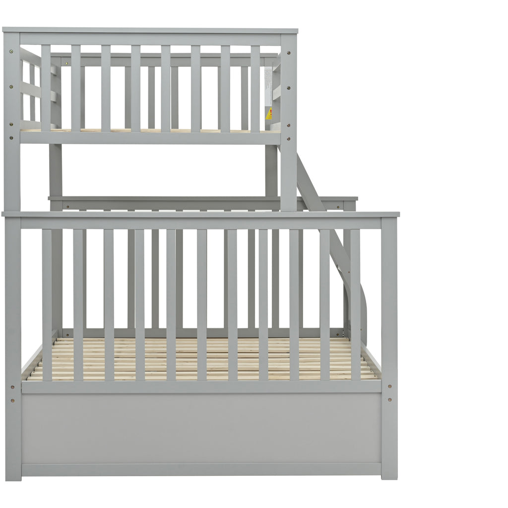Twin Over Full Bunk Bed, Wooden Bunk Bed with Ladder and Safety Guard Rails – Gray