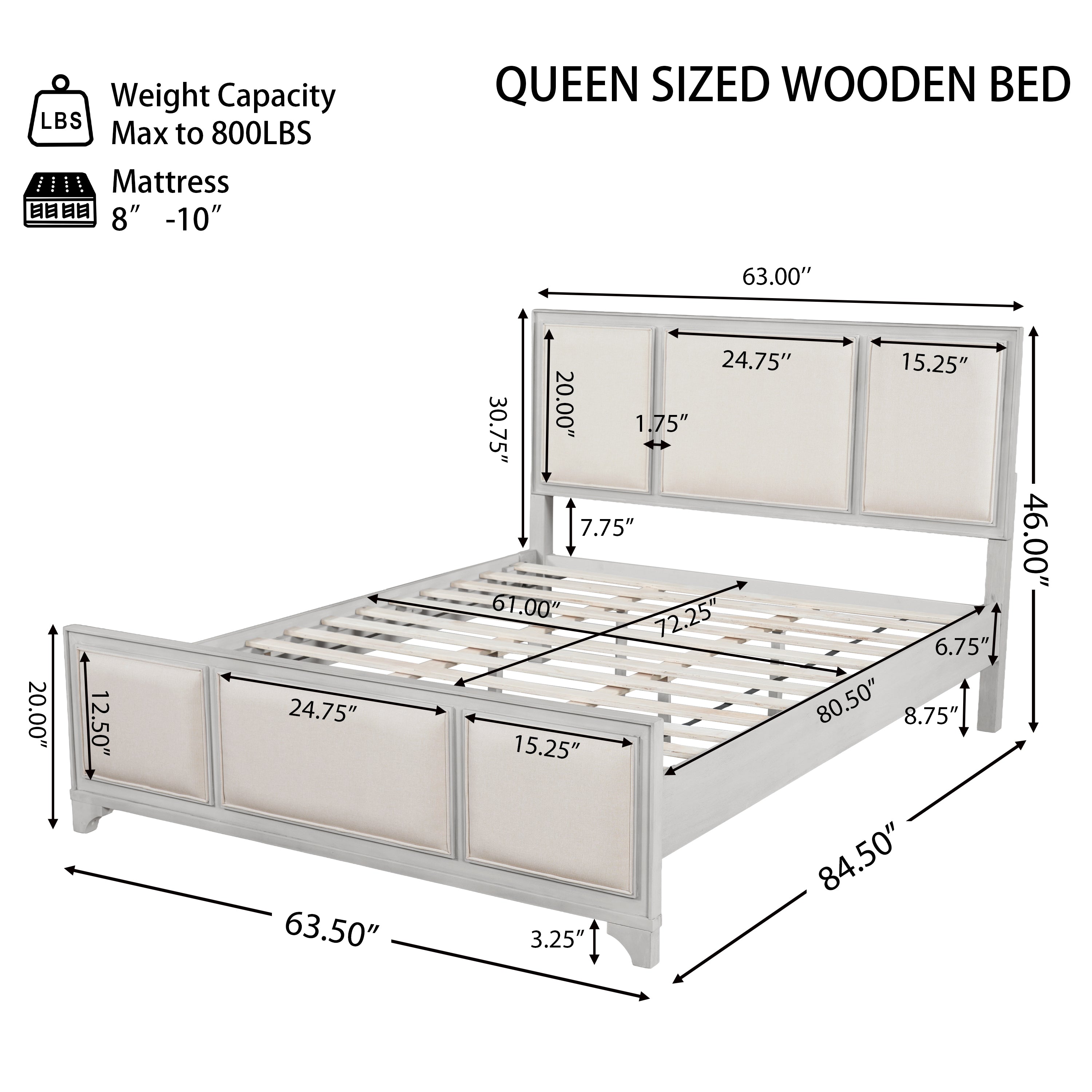 Queen Size Wooden Bed Frame with Upholstered Headboard