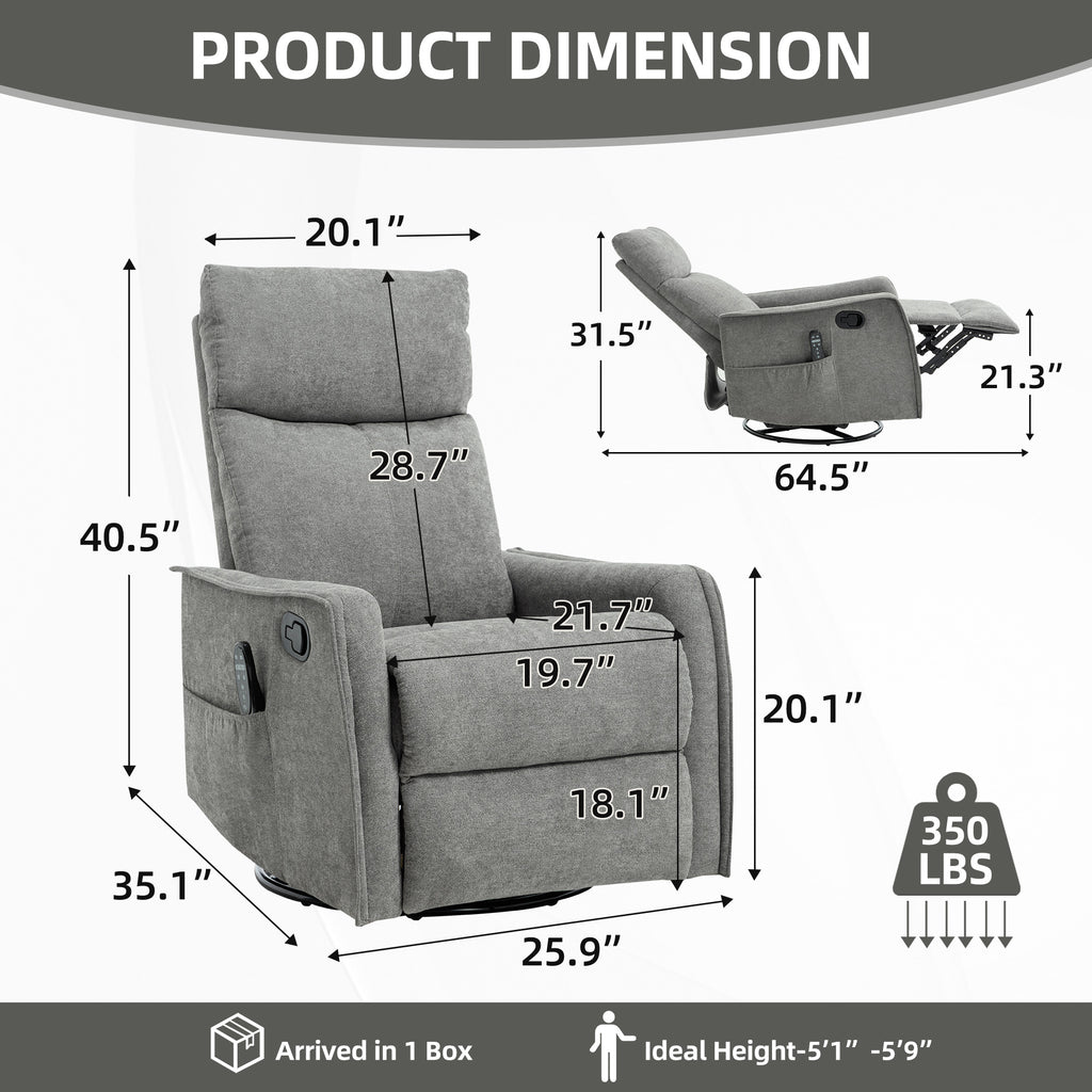 Heat Massage Manual Recliner Chair with Rocker and Swivel in Fabric