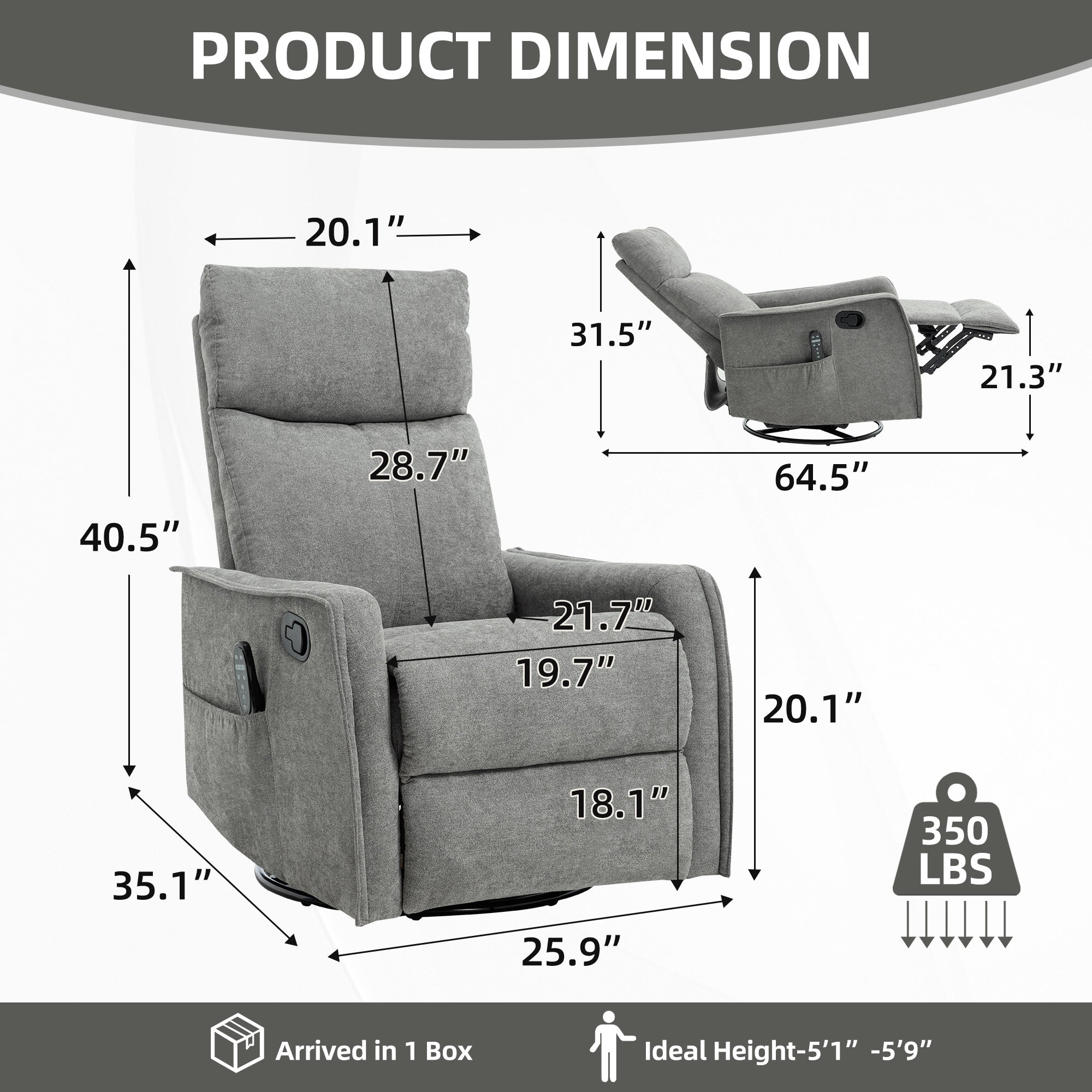 Heat Massage Manual Recliner Chair with Rocker and Swivel in Fabric