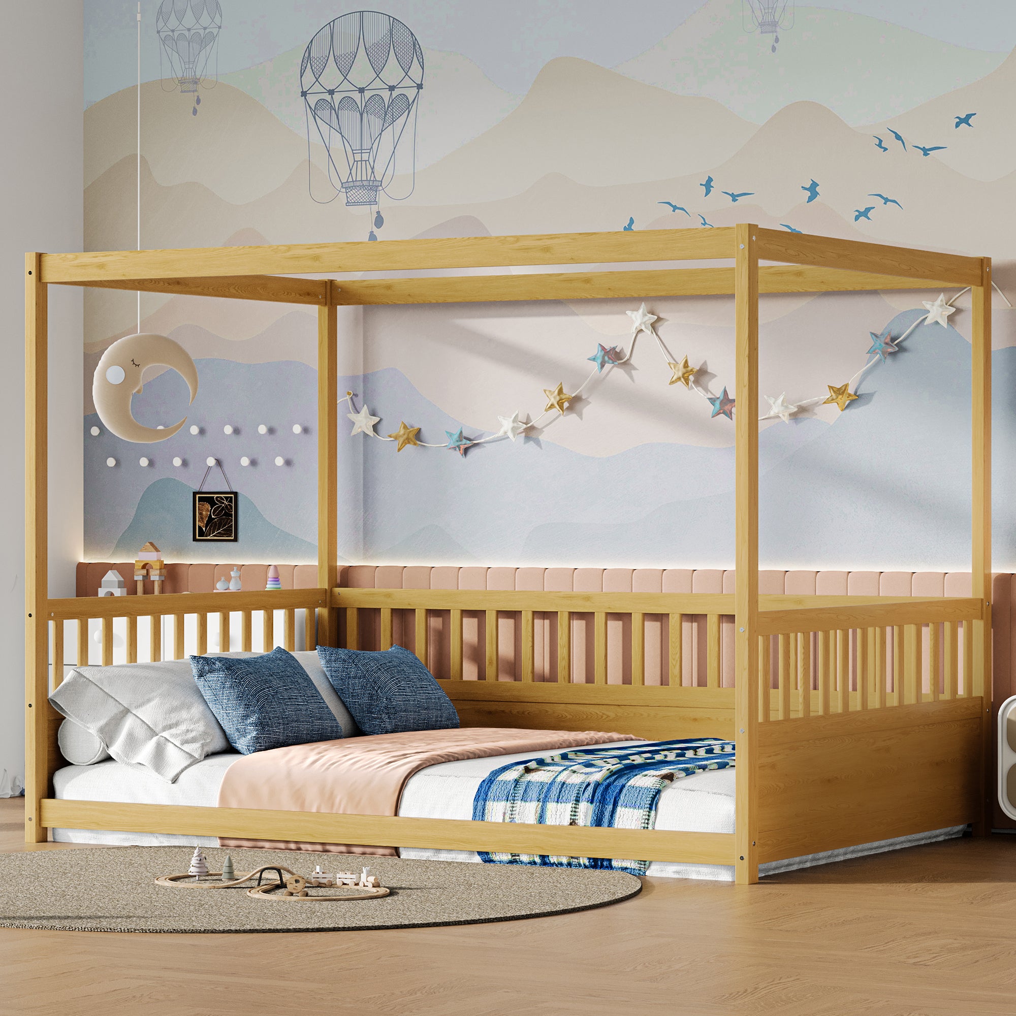 Full Size Canopy Bed Frame with Guardrails for Kids