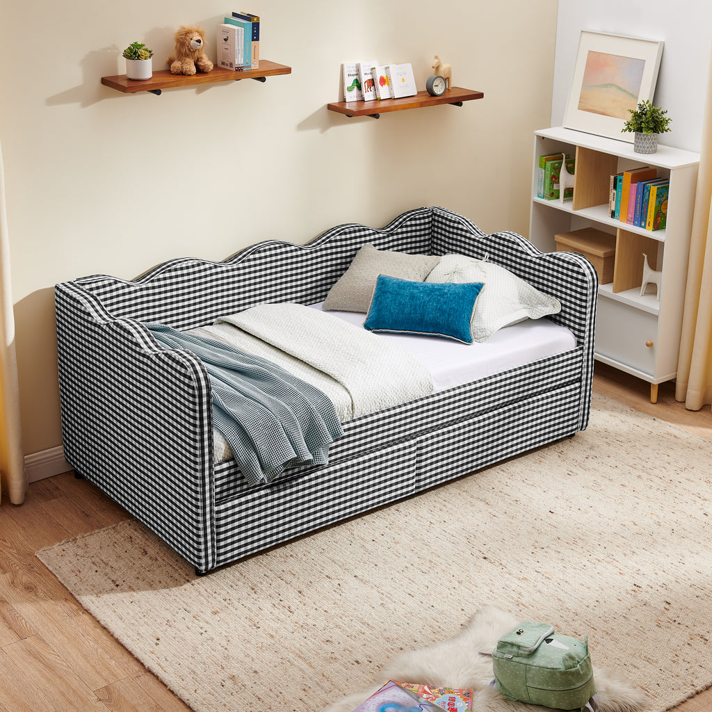 Twin Size Cozy Gingham Daybed with Two Storage Drawers