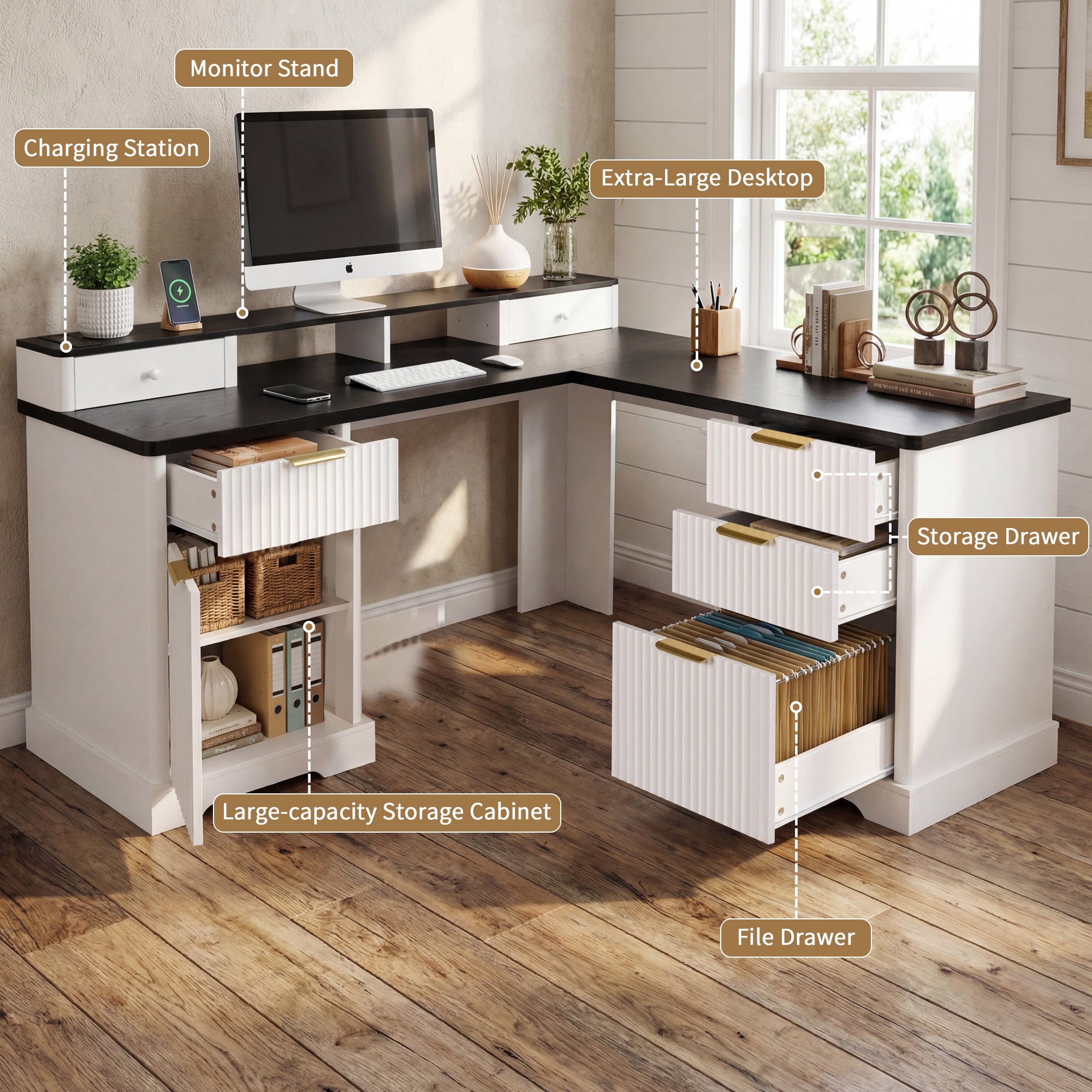 Modern Fluted L-Shaped Desk with Charging Station