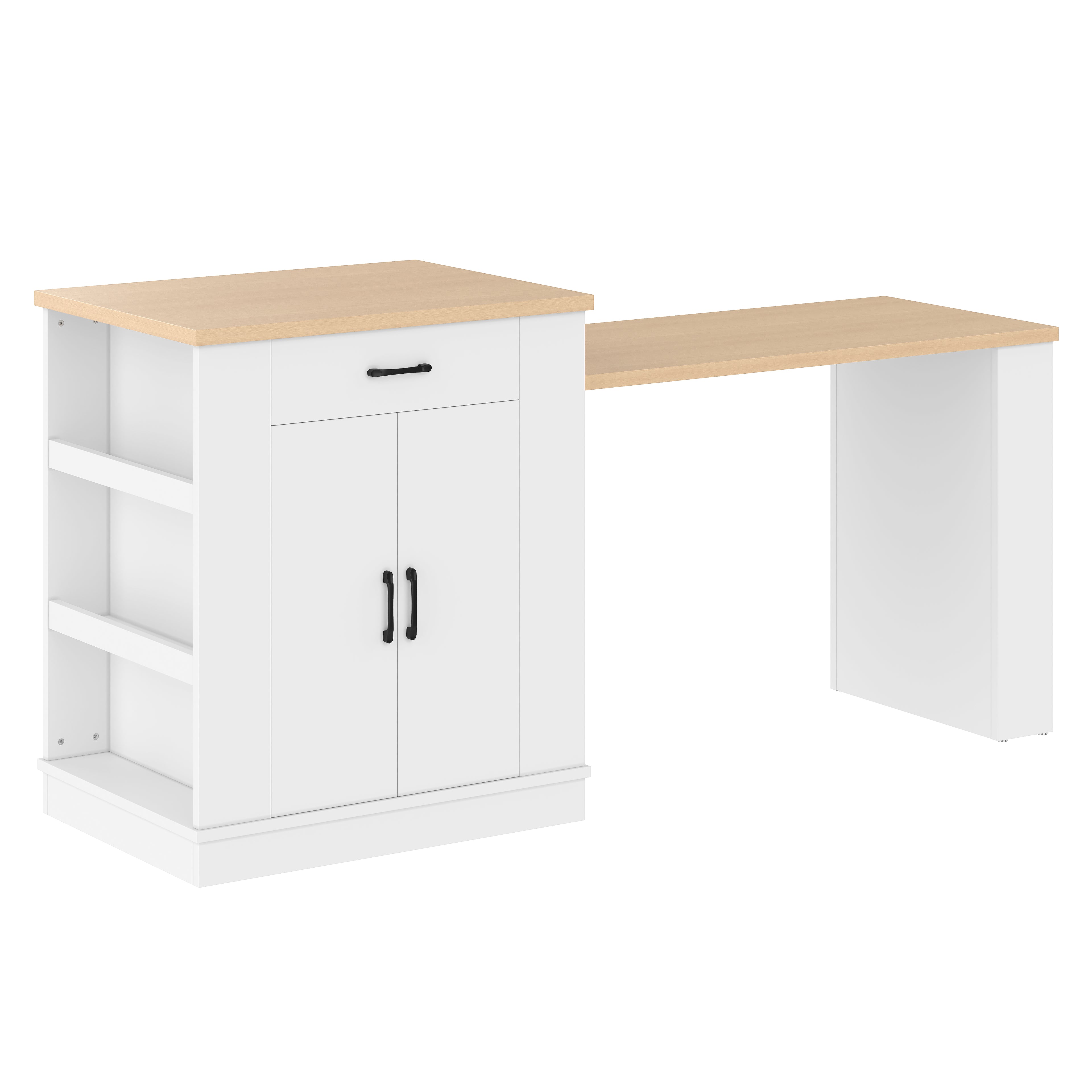 Extendable Island Console with Drawers, Double-Door Cabinet & Open Shelving