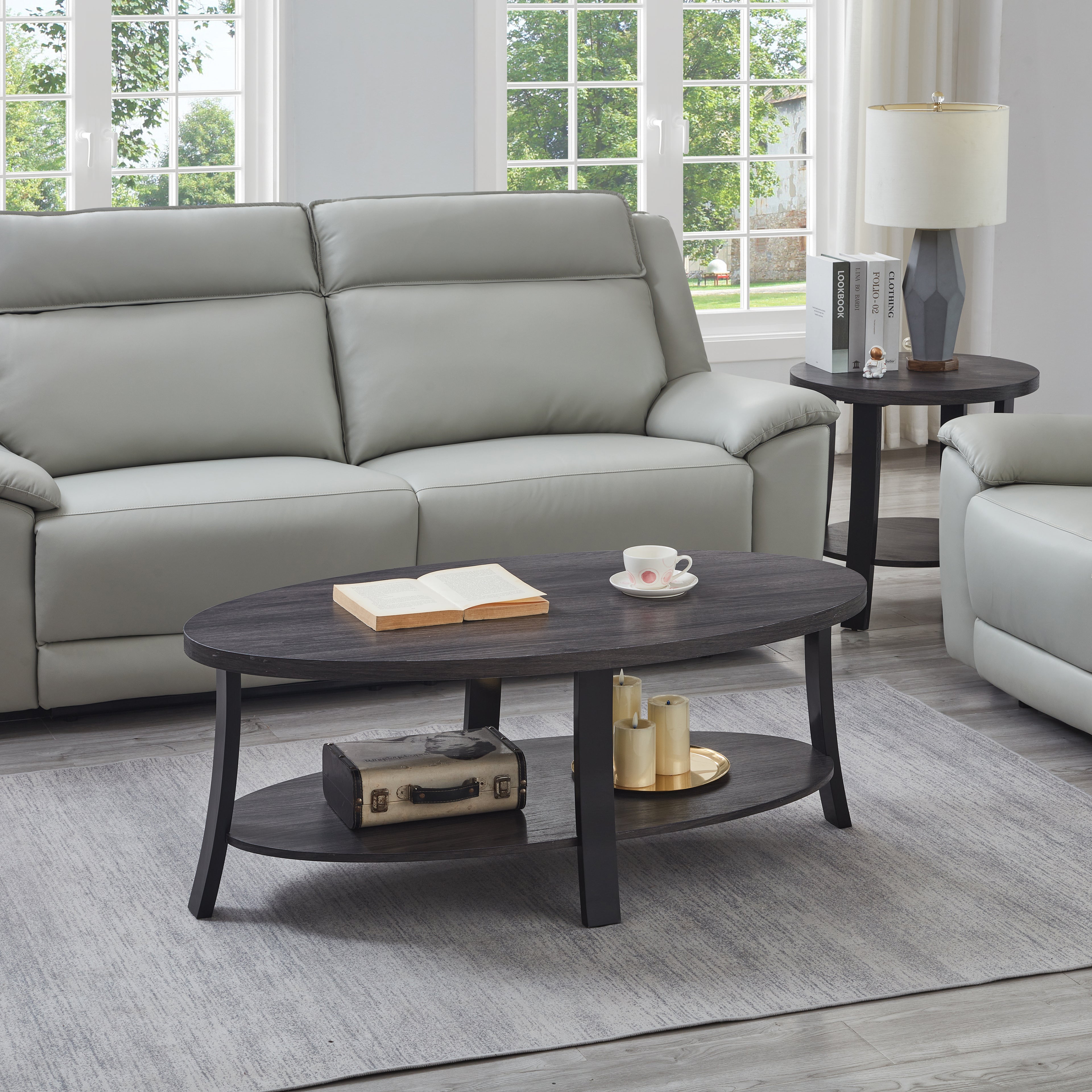 Anze Contemporary Oval Wood Shelf 3-Piece Coffee Table Set