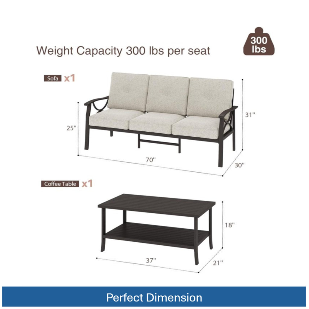 2 Piece Outdoor Patio Set, 70 Inches All-Weather Metal 3-Seat Sofa and Coffee Table