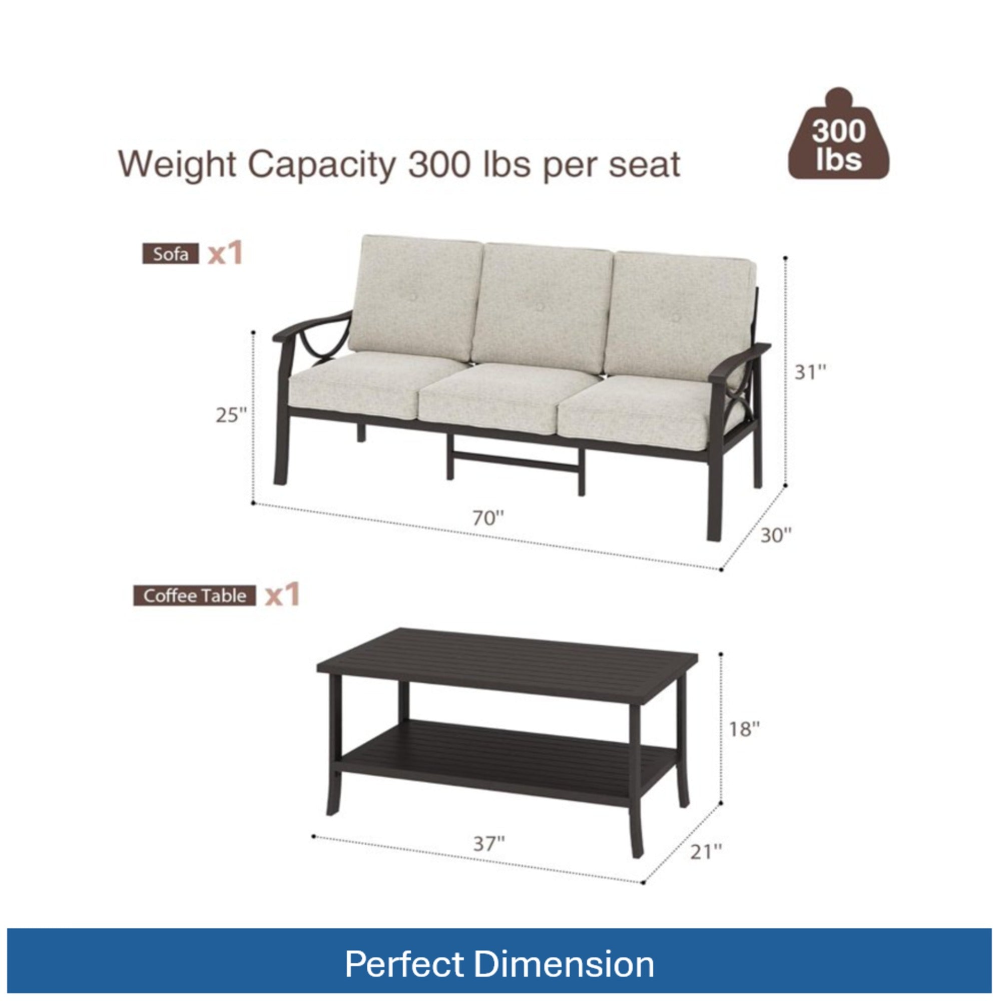 2 Piece Outdoor Patio Set, 70 Inches All-Weather Metal 3-Seat Sofa and Coffee Table