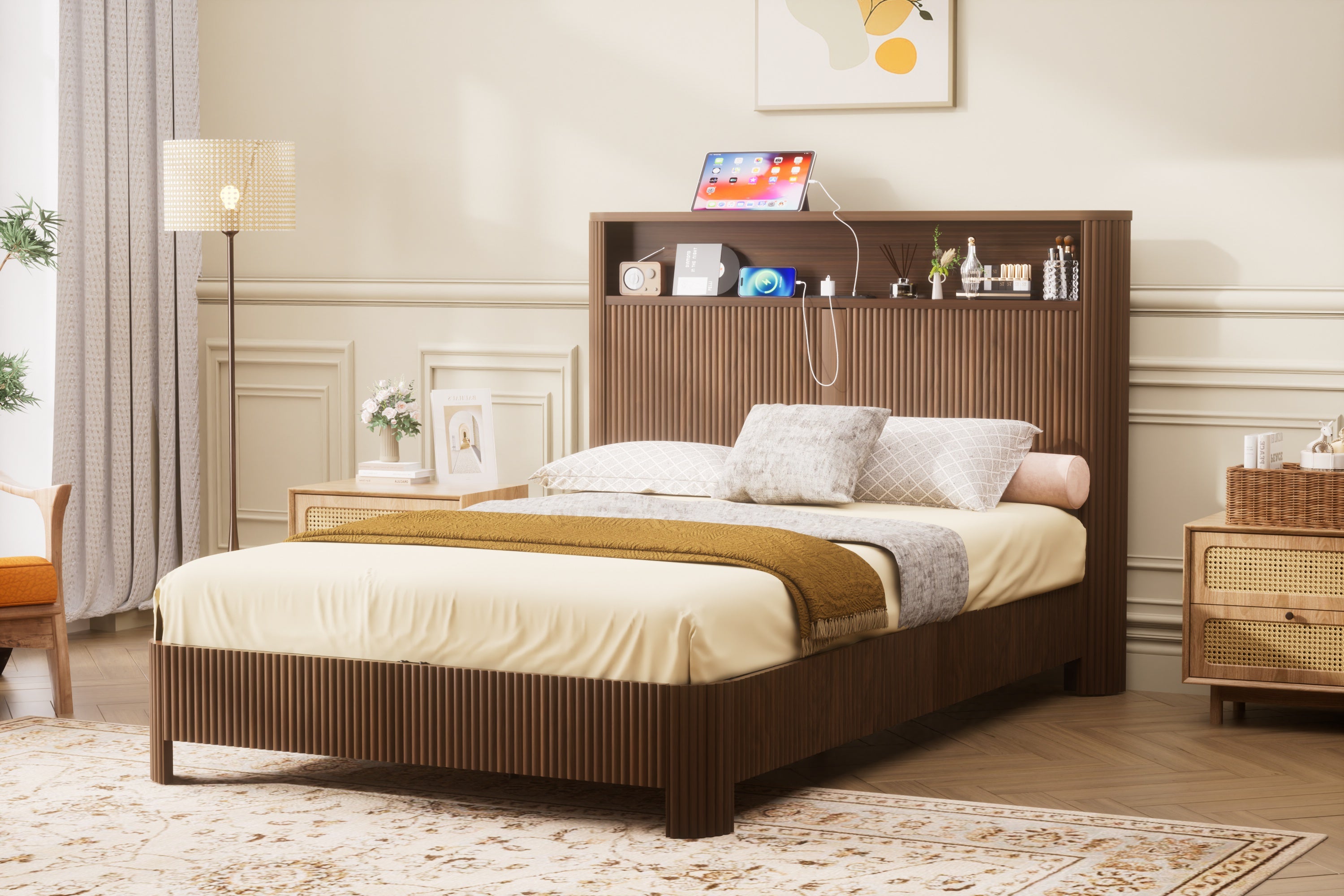 Full Extra Long Size Bed Frame with Storage Headboard