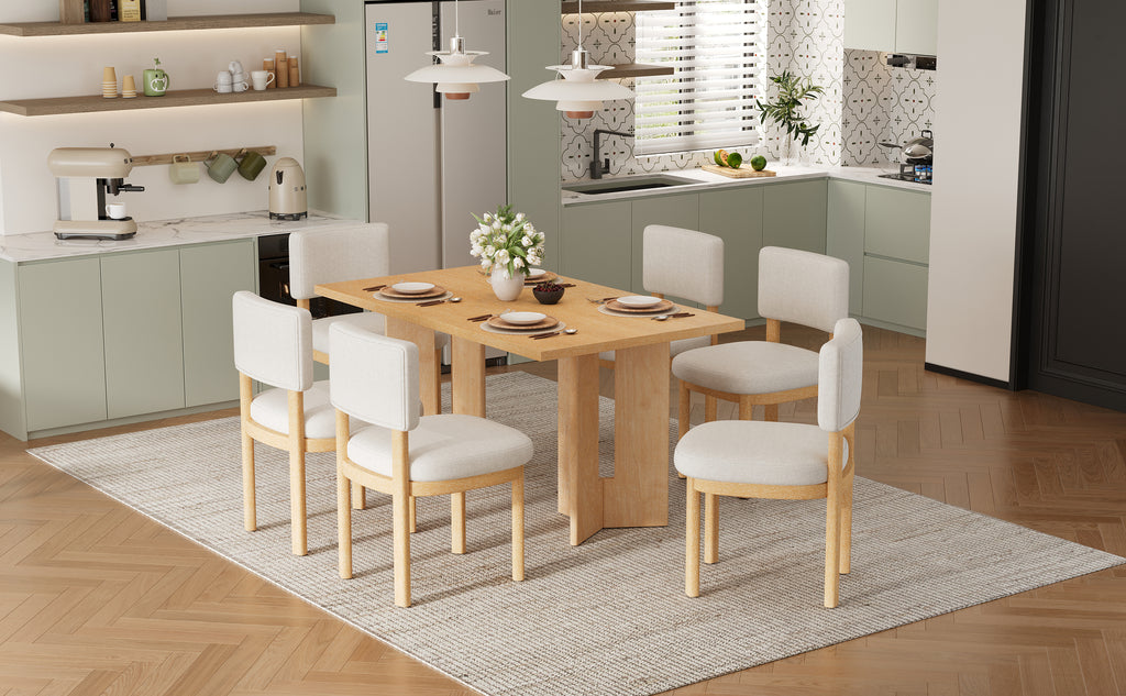 TREXM Farmhouse Wood Dining Table Set for 6 with Upholstered Chairs