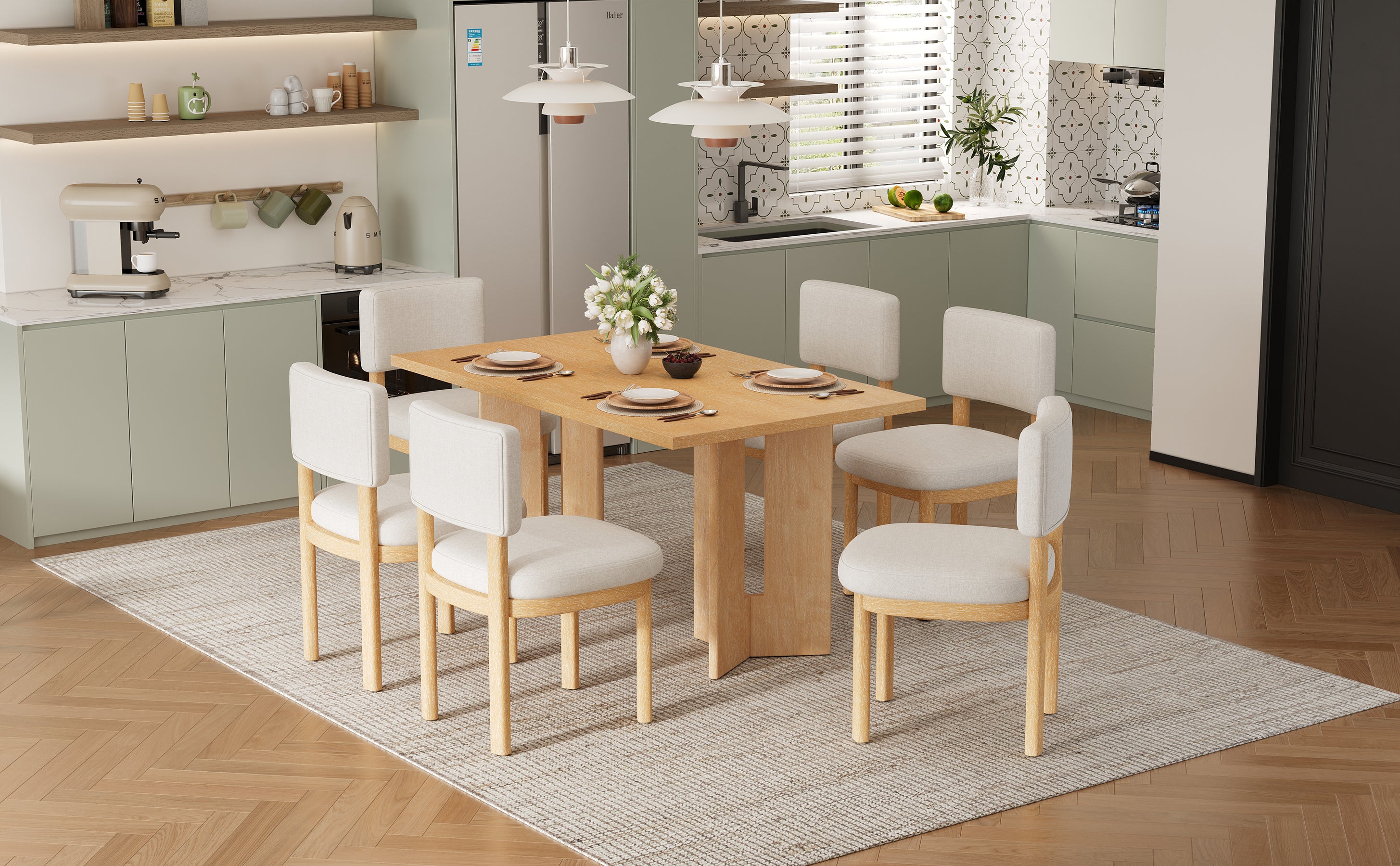 TREXM Farmhouse Wood Dining Table Set for 6 with Upholstered Chairs