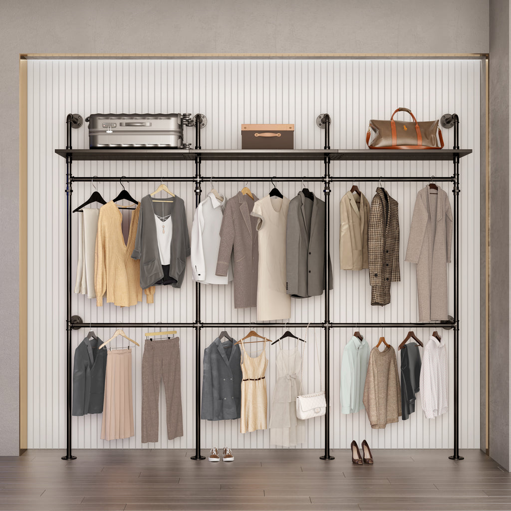 Industrial Pipe Clothing Rack with LED Lights & Shelves