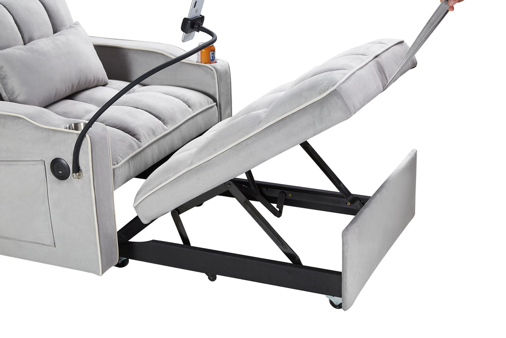 Convertible Sleeper Chair Sofa Bed, Grey Velvet, 42-Inch, 3-in-1