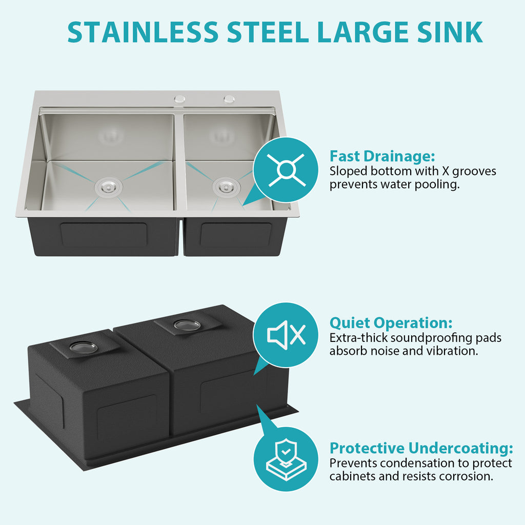 Topmount Drop In Kitchen Sink - 33" x 22" Double Bowl (60/40)