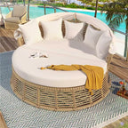 Outdoor Patio Rattan Round Daybed with Retractable Canopy