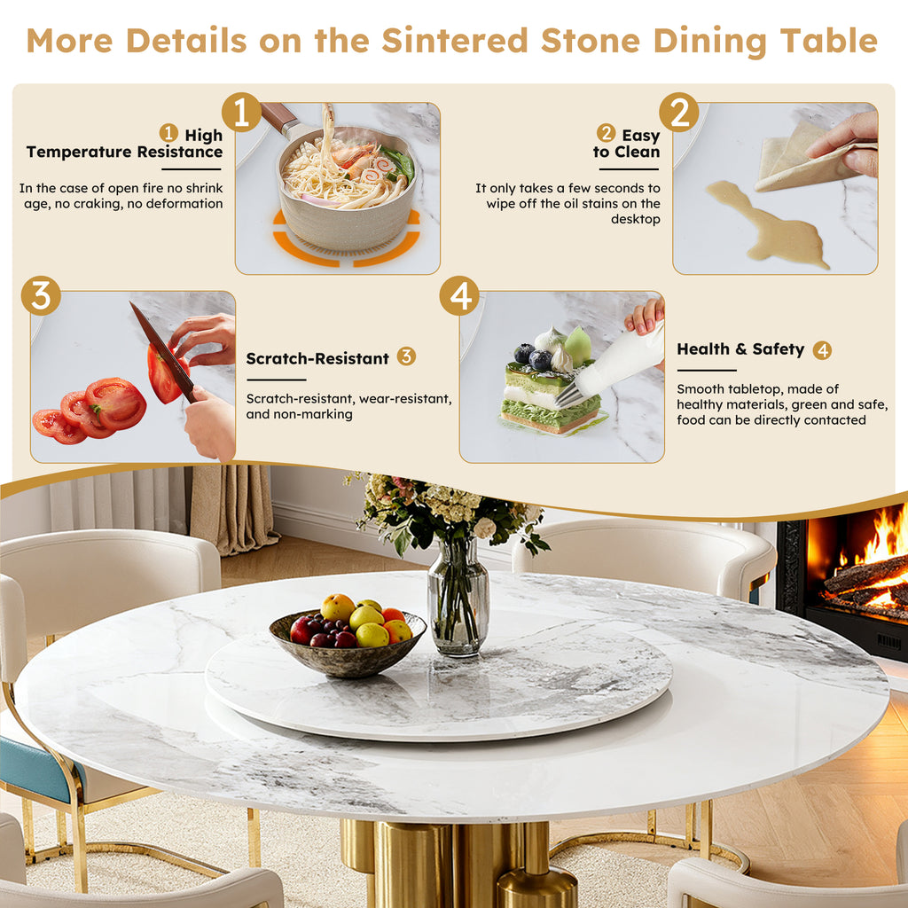 59" Round Sintered Stone Dining Table Set with Lazy Susan