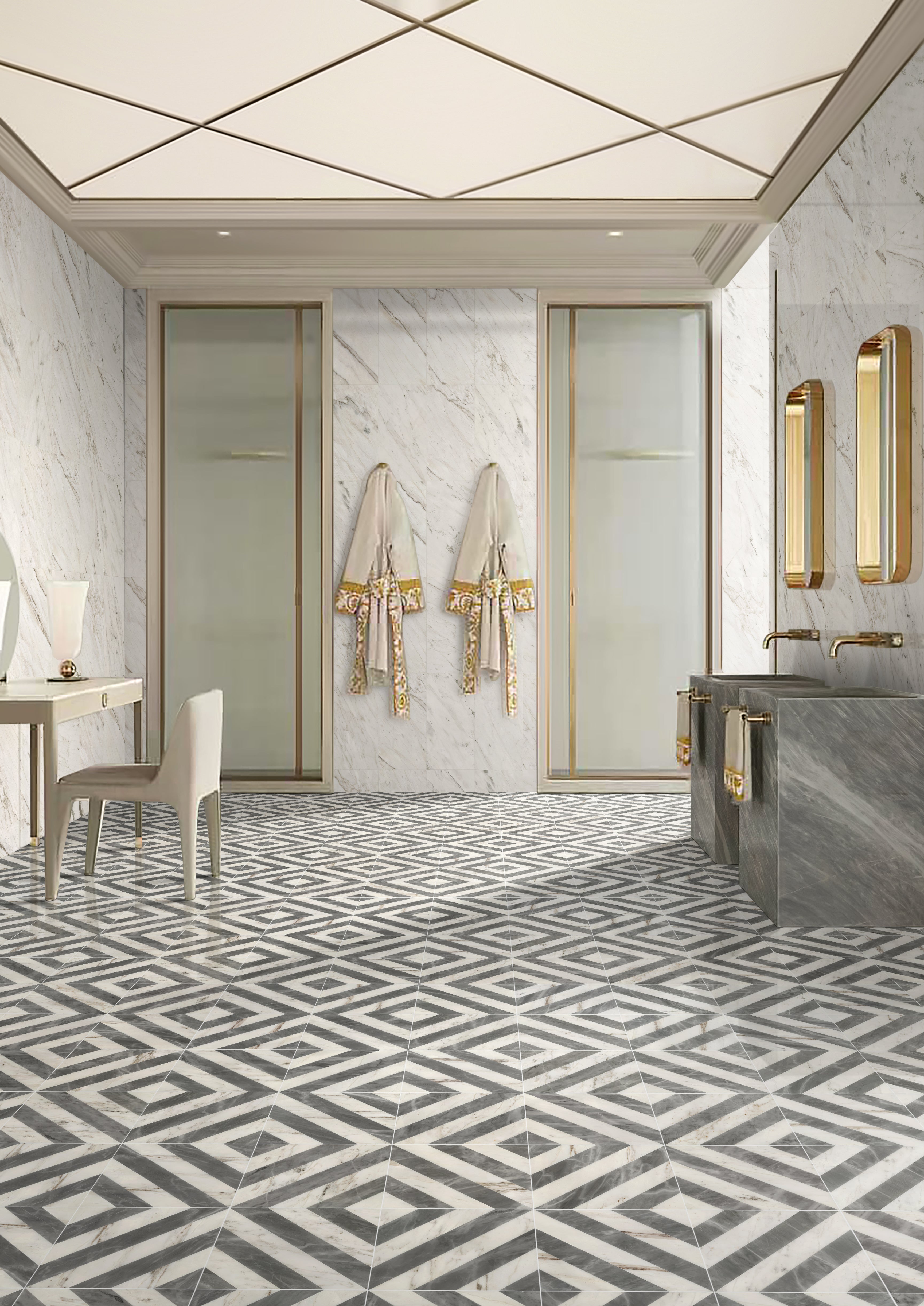12x12 Waterjet Polished Marble Tile - White & Gray