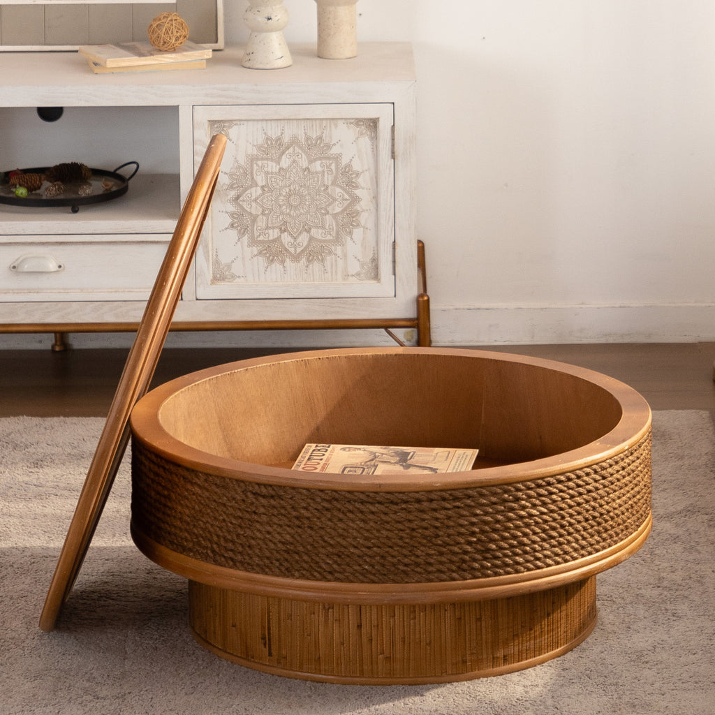 31.5-Inch Round Retro Coffee Table With Flip-Top Cover, Natural