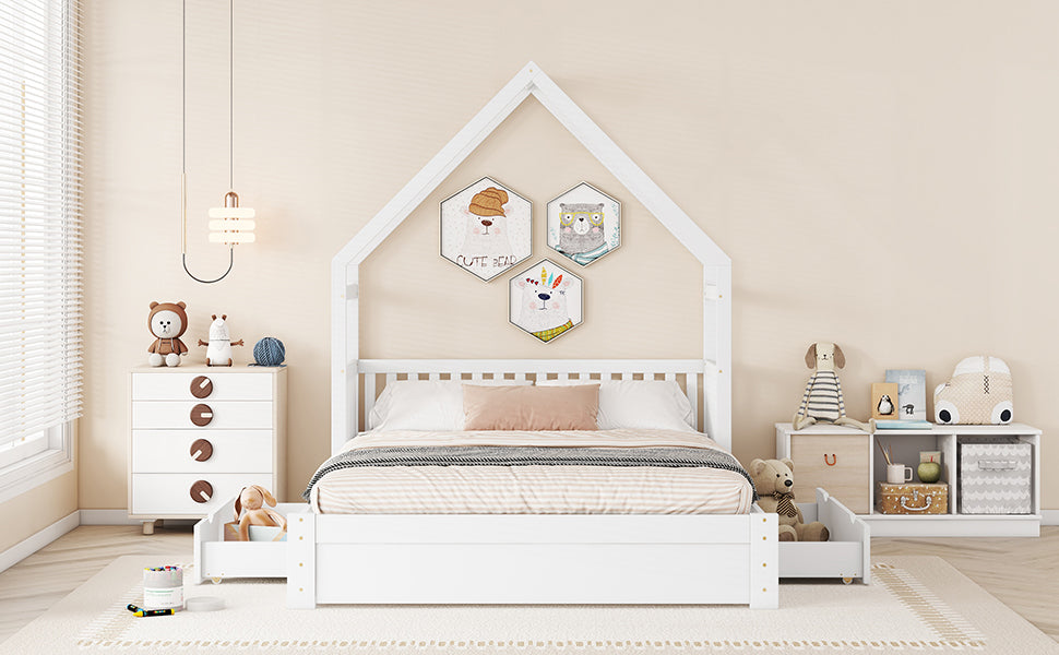 Wood Queen Size House Platform Bed with Guardrail and 2 Drawers