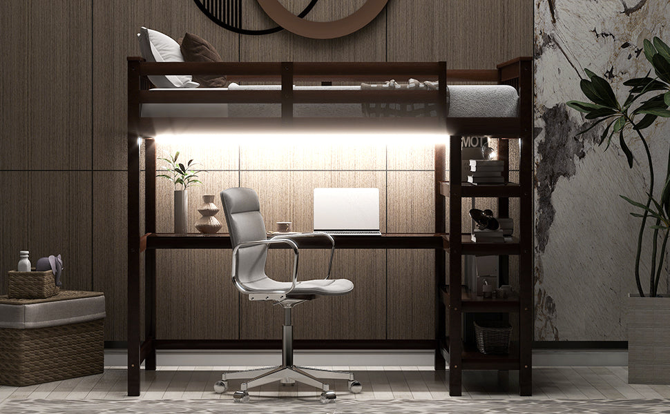 Twin Size Loft Bed with Storage Shelves and LED