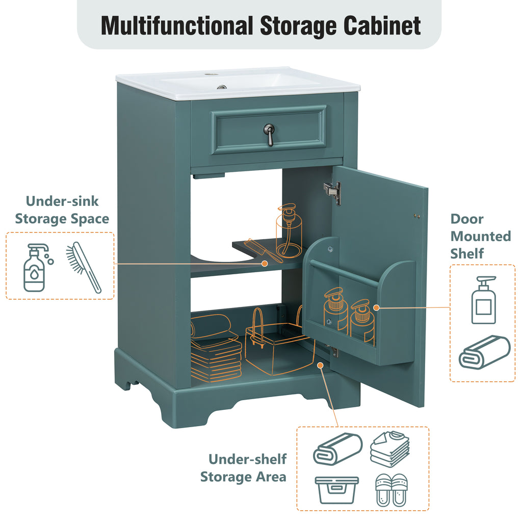 20-Inch Bathroom Vanity with Ceramic Sink, Soft Close Door & Storage Rack