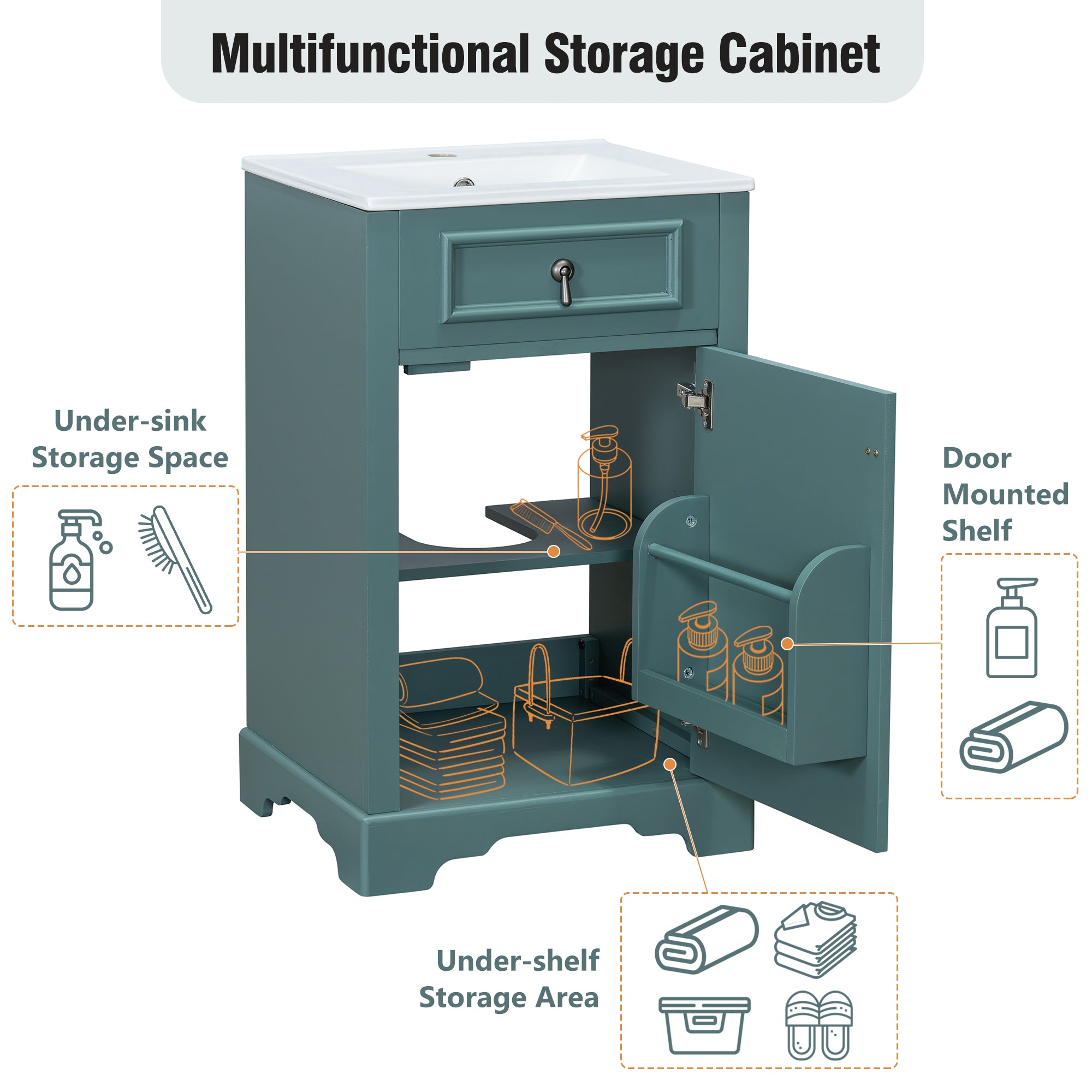 20-Inch Bathroom Vanity with Ceramic Sink, Soft Close Door & Storage Rack