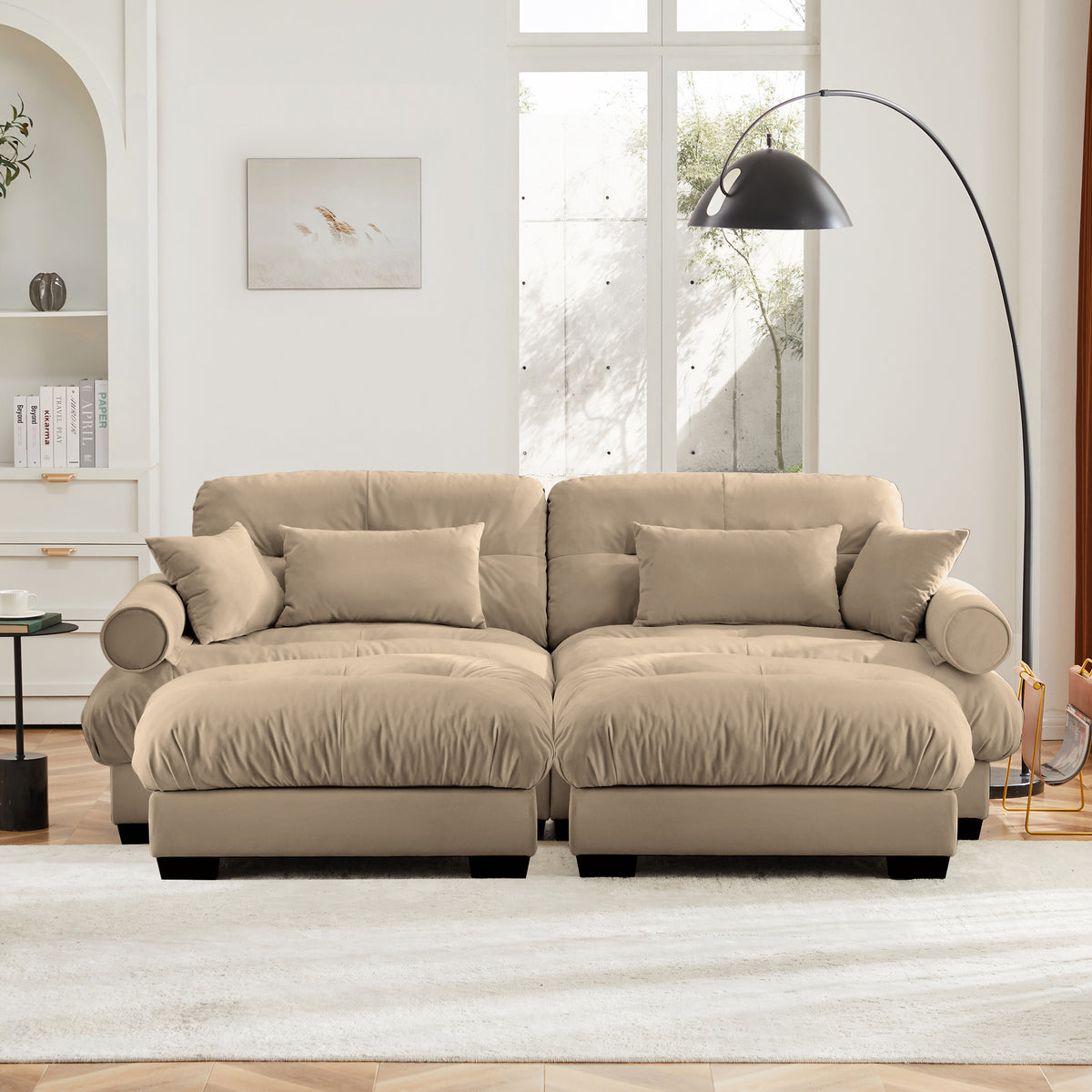 Modern Two-Seater Sofa with Ottoman, Velvet 2-Seater