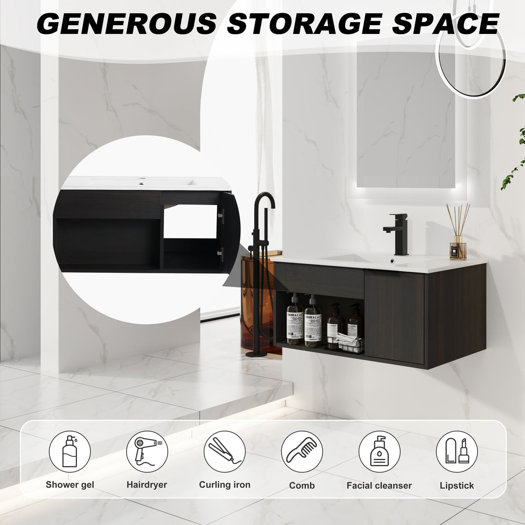 30" Wall-Mounted Floating Bathroom Vanity with Ceramic Sink – Modern Dark
