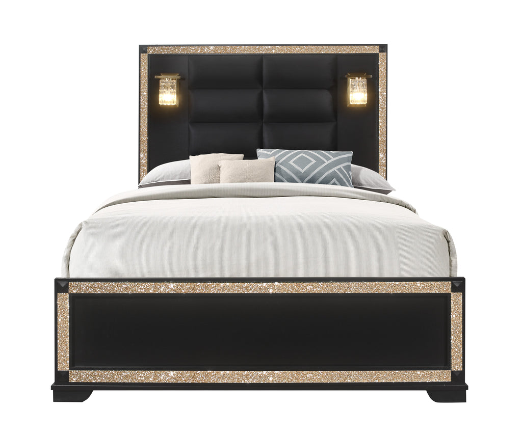 Lively Black/Gold Queen Bed with Lamps