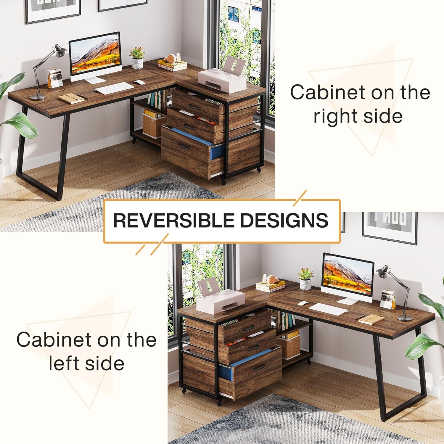 53" Reversible L-Shaped Computer Desk with 3 Drawers