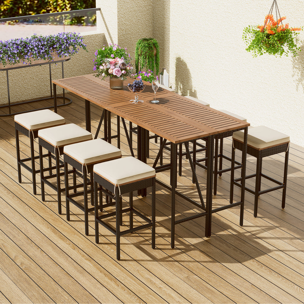 GO 10-Piece Outdoor Acacia Wood Bar Height Table And Stools Set