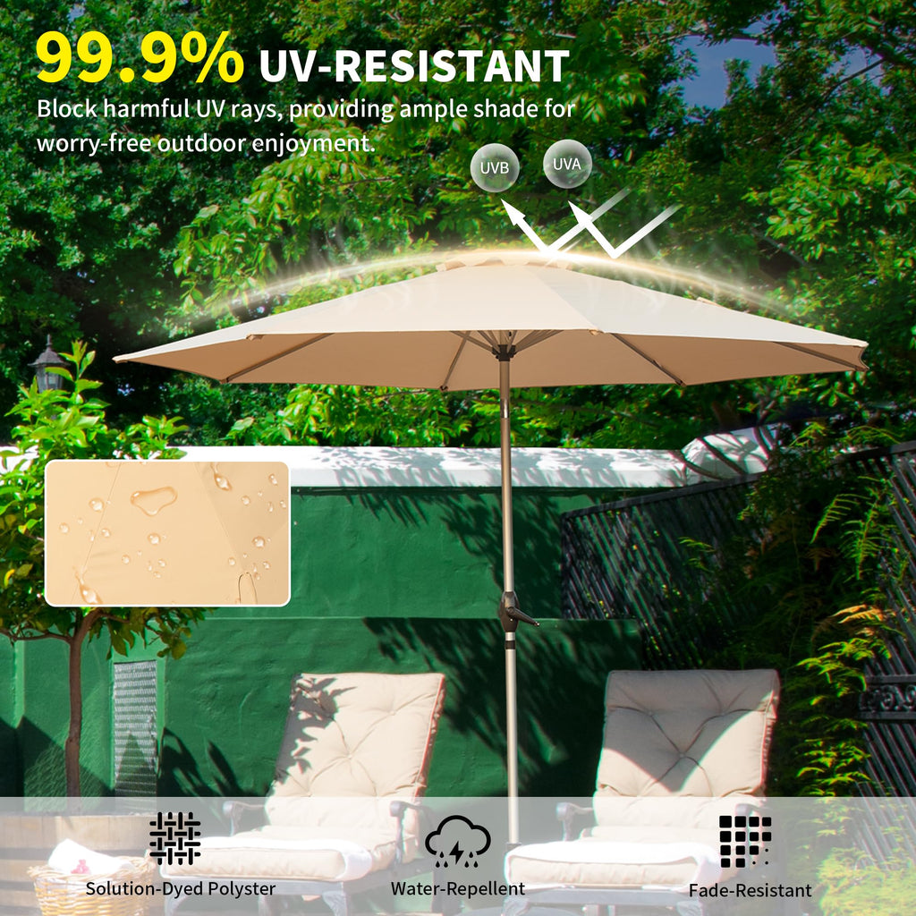10FT Patio Umbrella, Outdoor Table Umbrella with Push Button Tilt and Crank, UV Protection Waterproof Market Sun Umbrella with 8 Sturdy Ribs for Garden, Deck, Backyard (Beige) –Base Not Included
