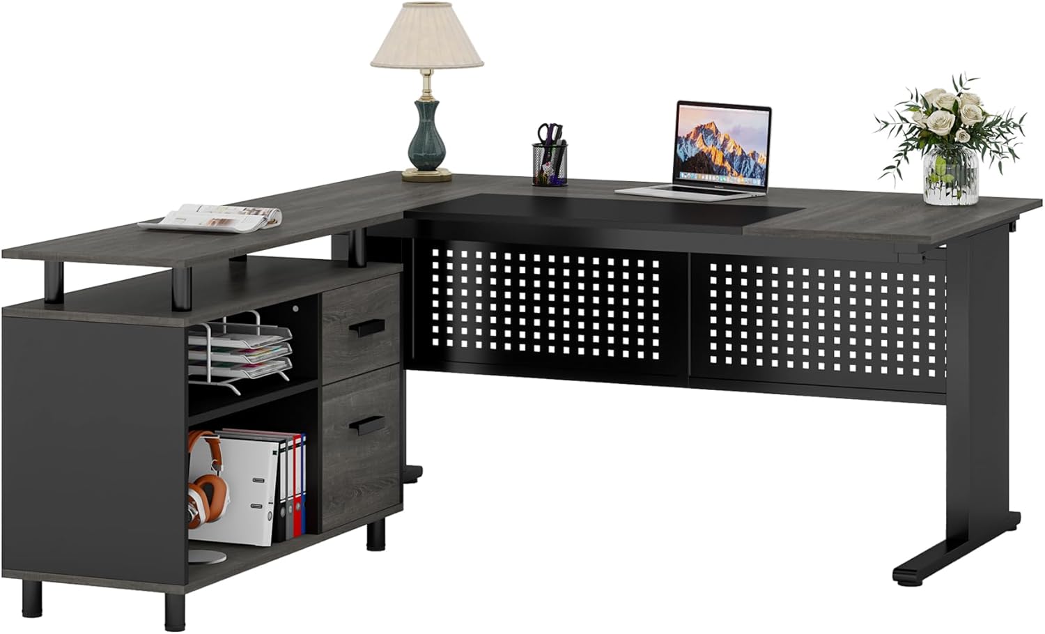 63" L-Shaped Executive Desk with File Cabinet