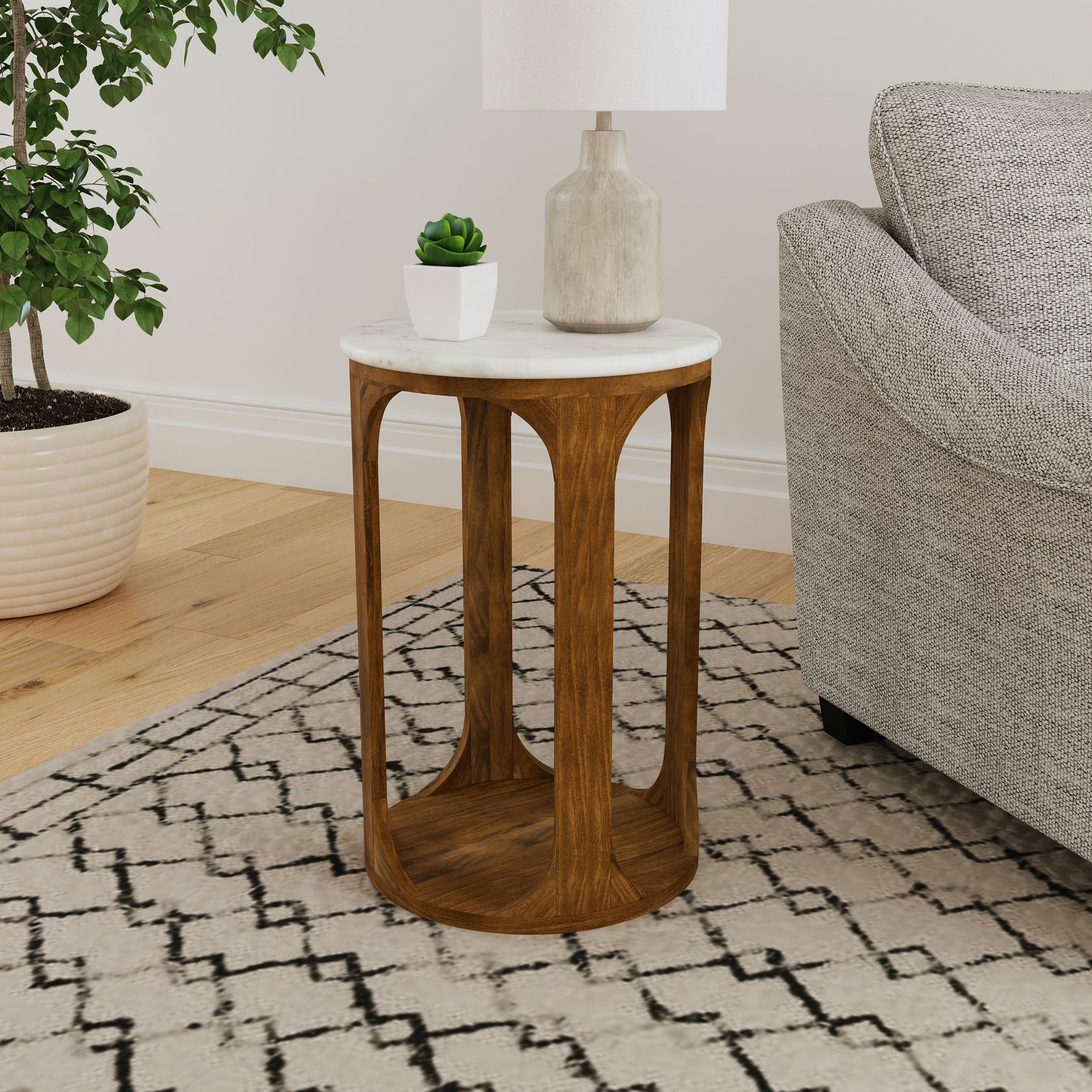 Berkeley Round Marble Top Side Table White and Brown-