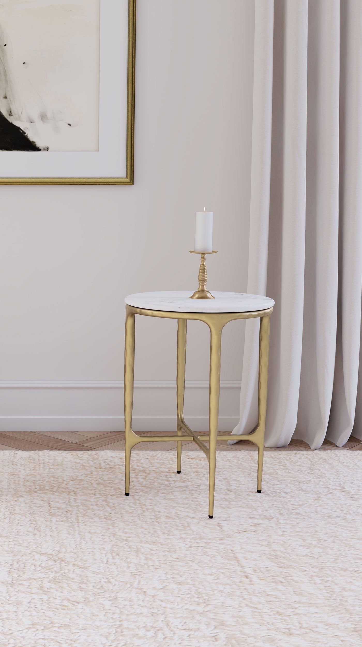 Baldwin Round Marble Top Side Table White and Gold-